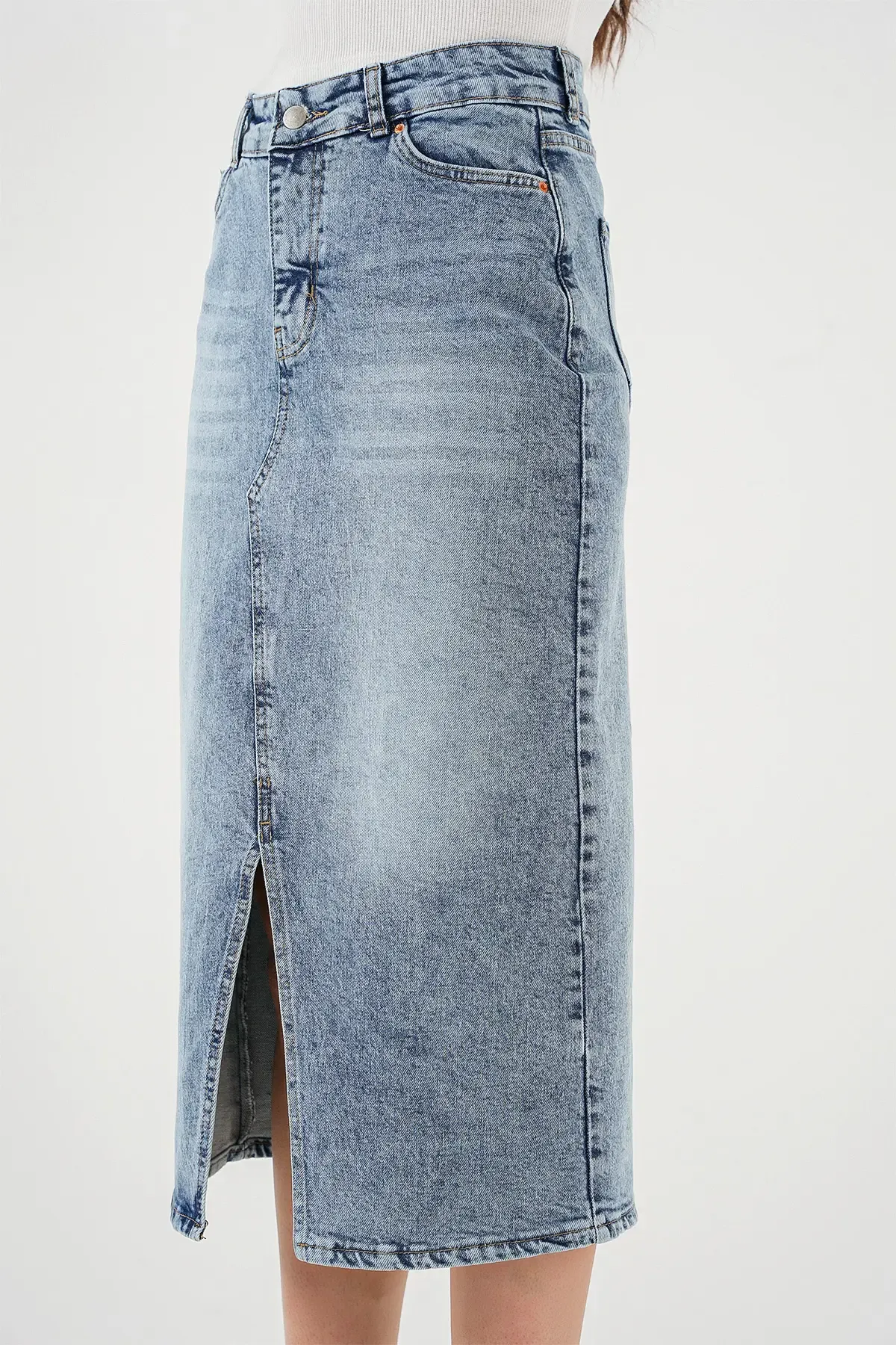 Kadın Yırtmaçlı Midi Kot Etek 8038 - Mavi