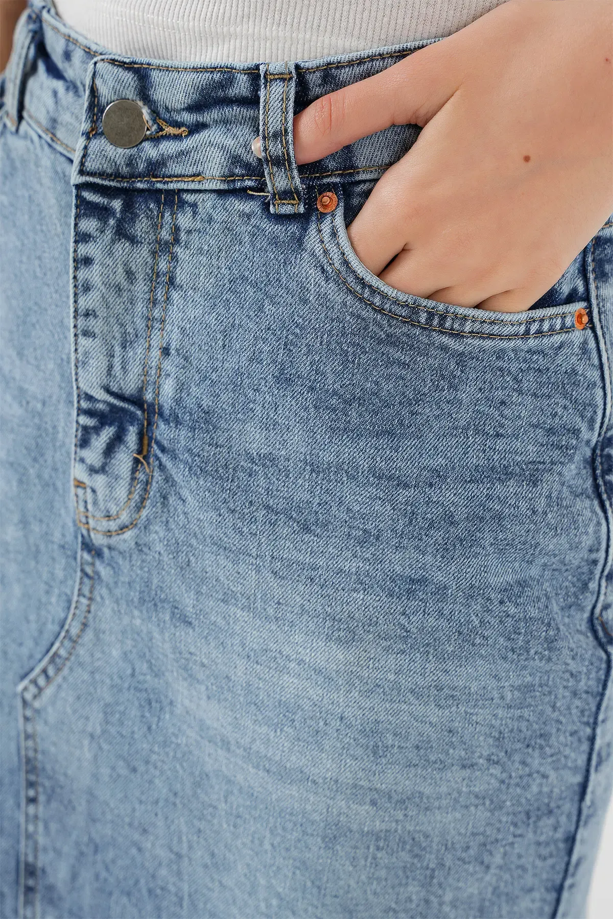 Kadın Yırtmaçlı Midi Kot Etek 8038 - Mavi