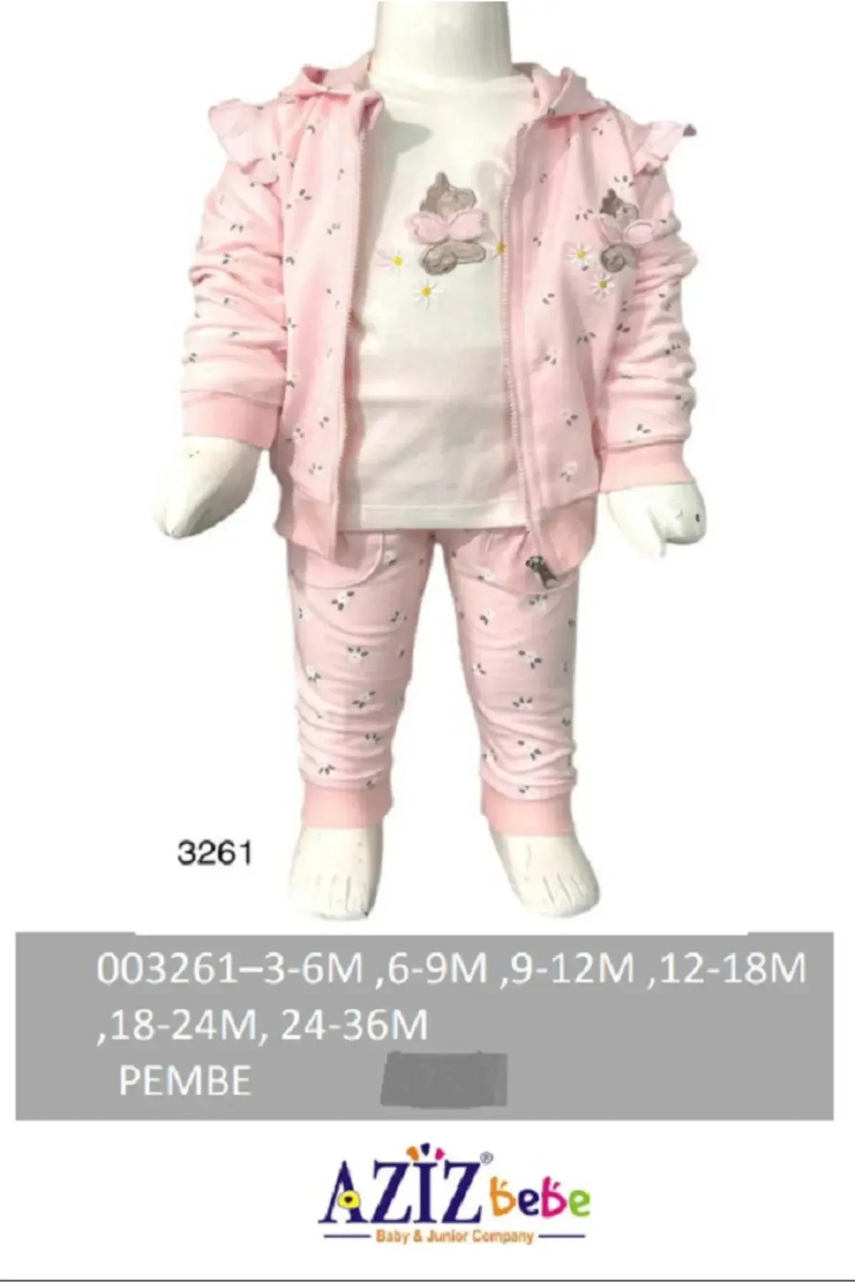 Kız Bebek Çiçek Desenli Sweatshirt Pantolon T-shirt 3 lü Alt Üst Bebek Takımı 3 Ay-36 Ay