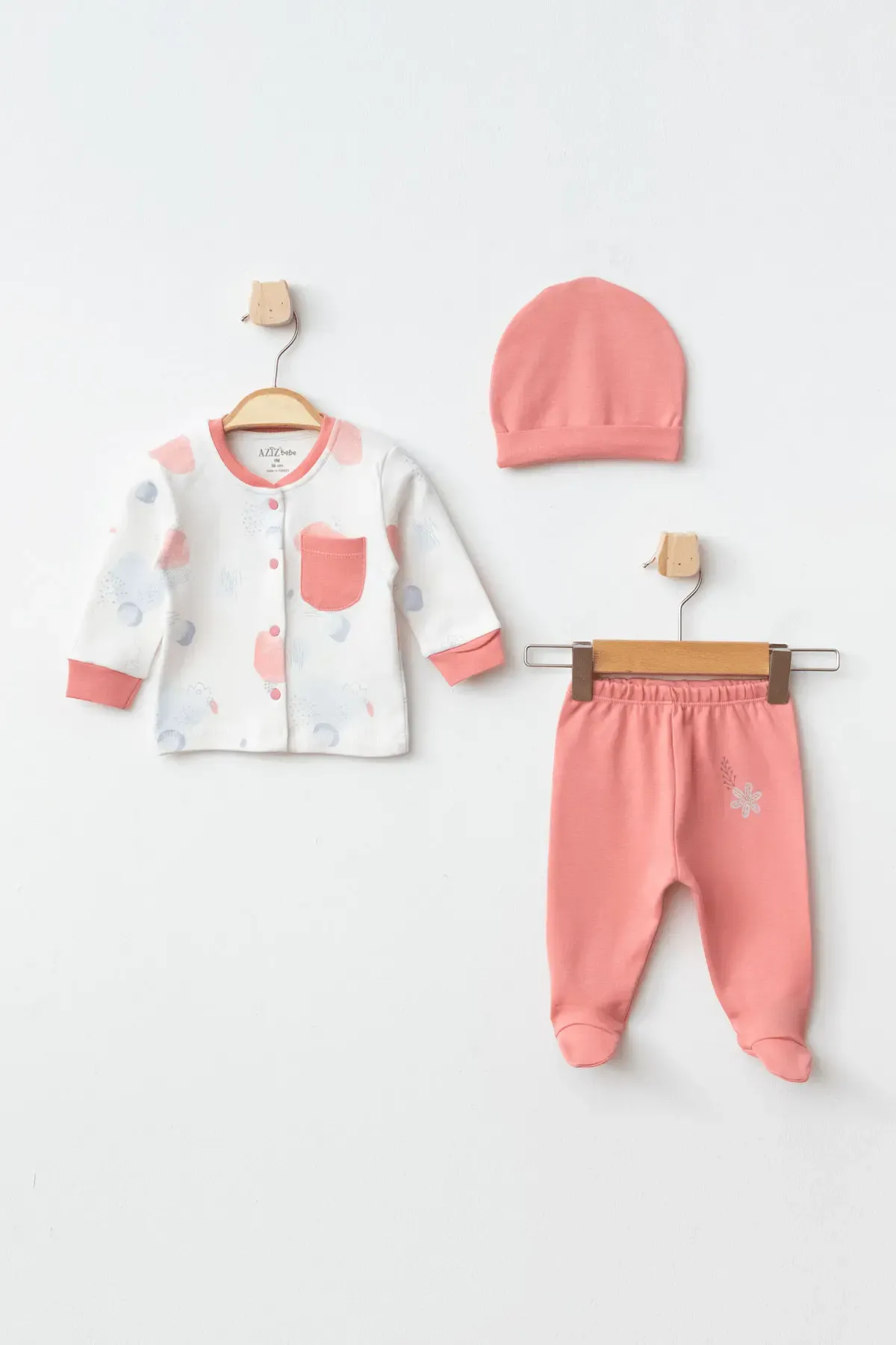 Kız Bebek Çiçek Desenli Zıbın Pantolon Bere 3 lü Alt Üst Bebek Takımı 0 Ay-6 Ay