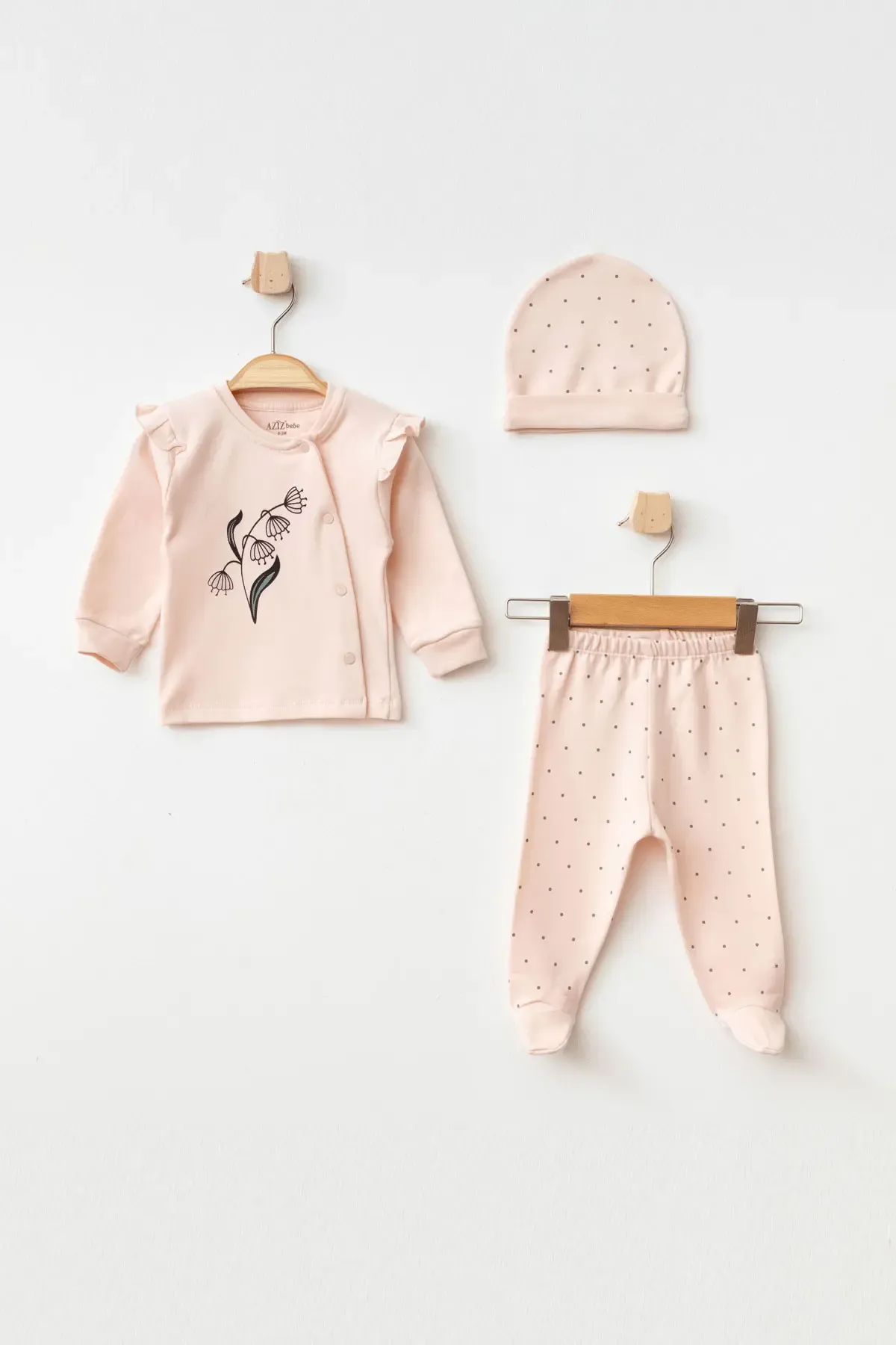 Kız Bebek Çiçek Desenli Zıbın Pantolon Bere 3  lü Alt Üst Bebek Takımı 0 Ay - 6 Ay