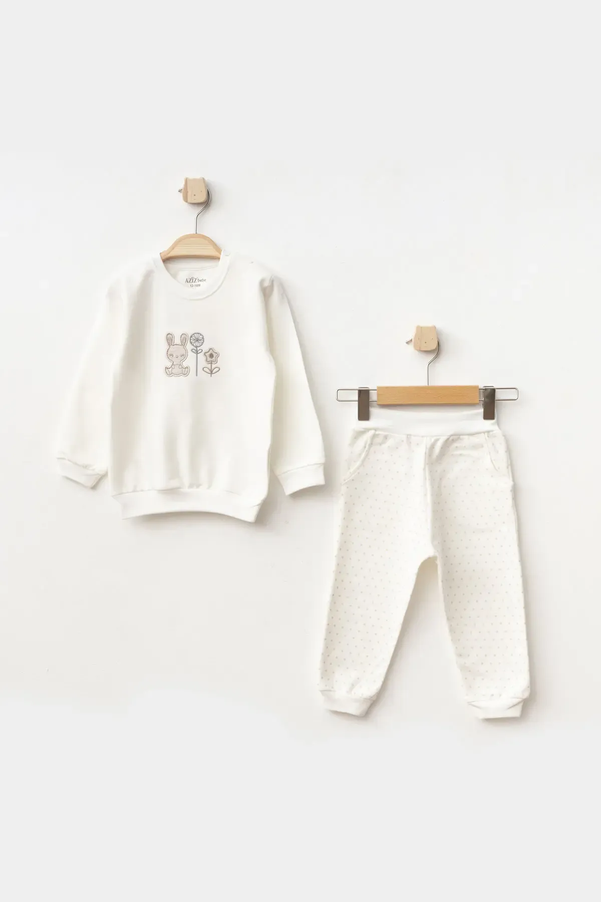Kız Bebek Tavşan Nakışlı Sweatshirt Pantolon 2  li Alt Üst Bebek Takımı 3 Ay - 18 Ay