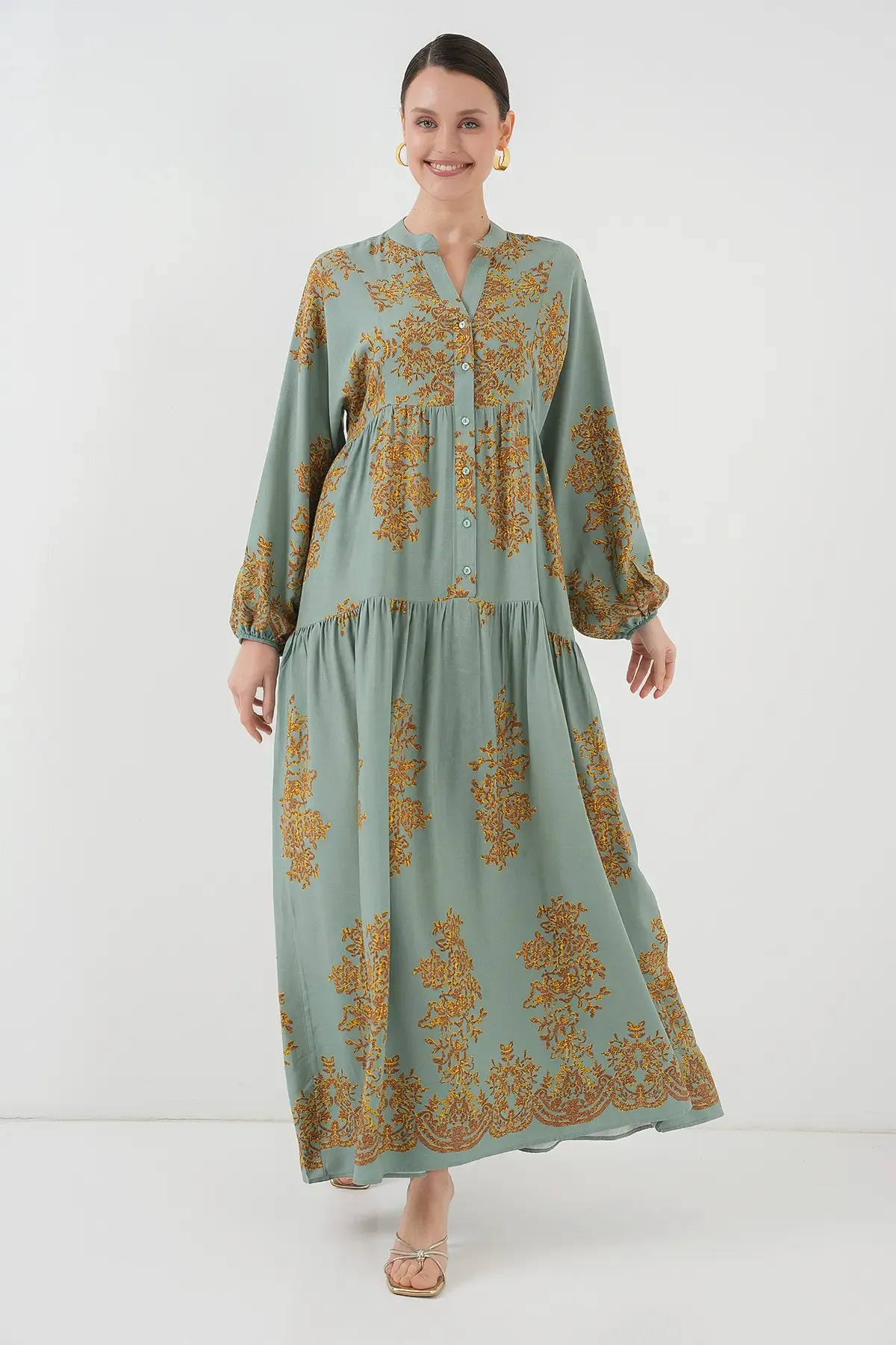 Mint Gold Desenli Tesettür Elbise 2423