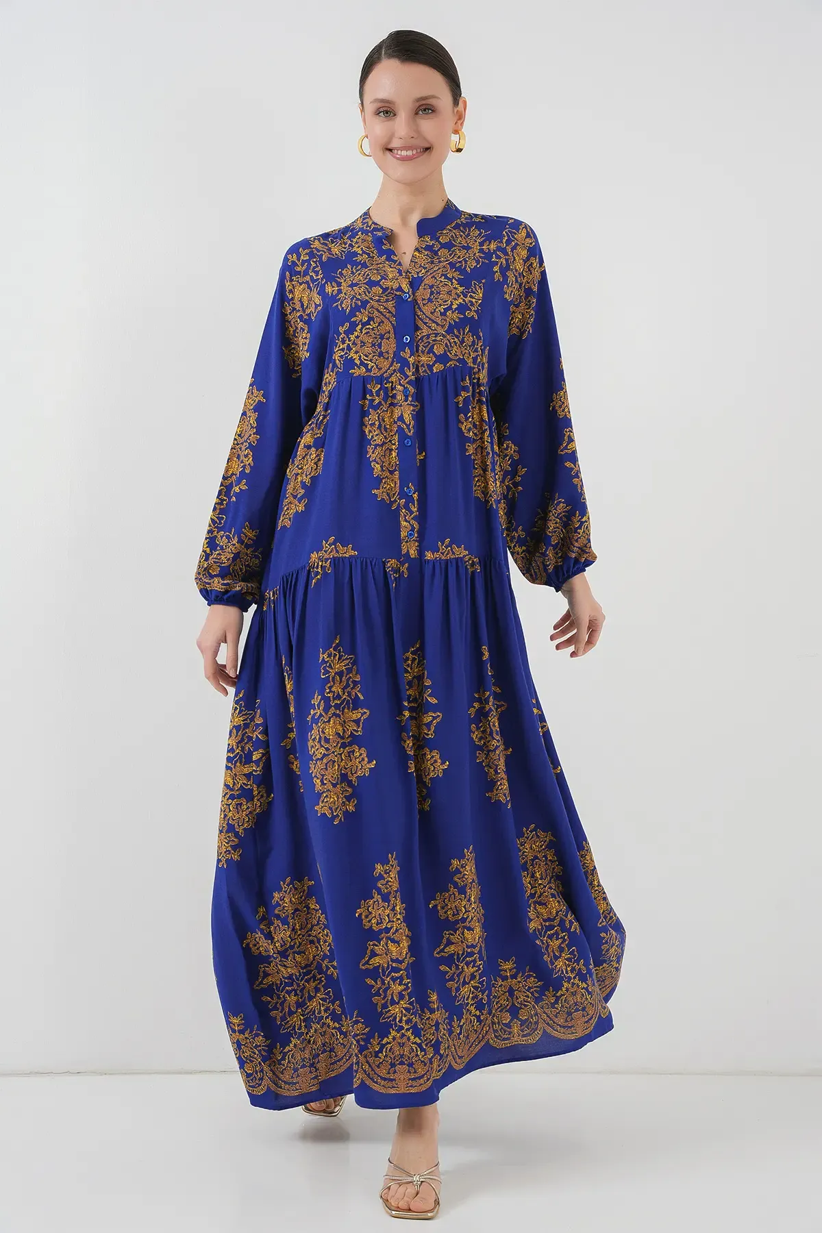 Saks Gold Desenli Tesettür Elbise 2423