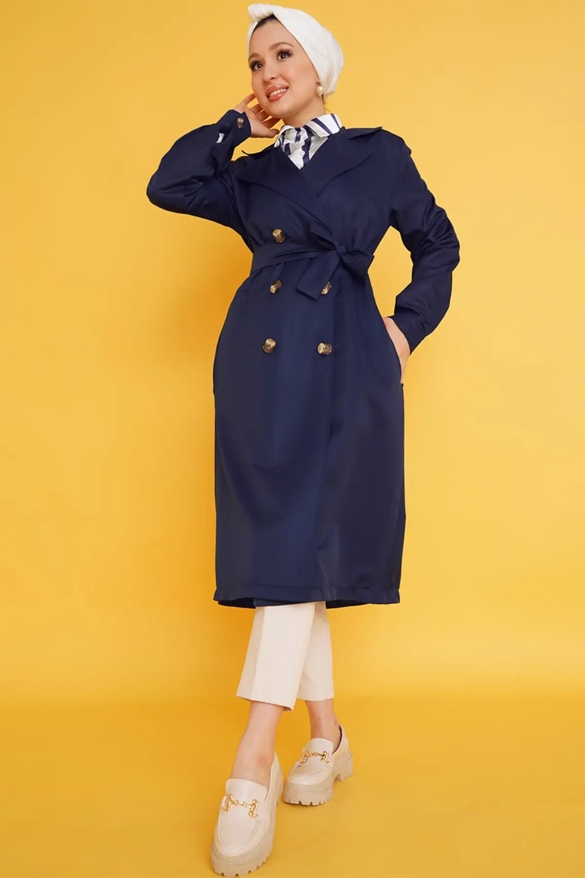 T5853 Kruvaze Yaka Tesettür Trençkot - Lacivert