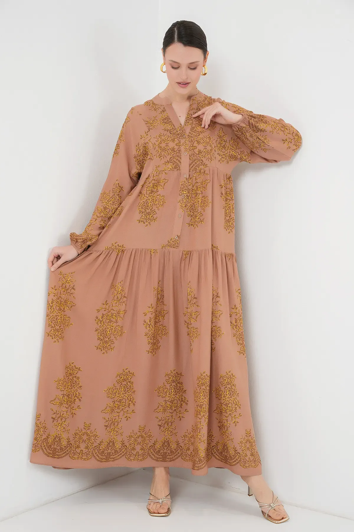 Vizon Gold Desenli Tesettür Elbise 2423