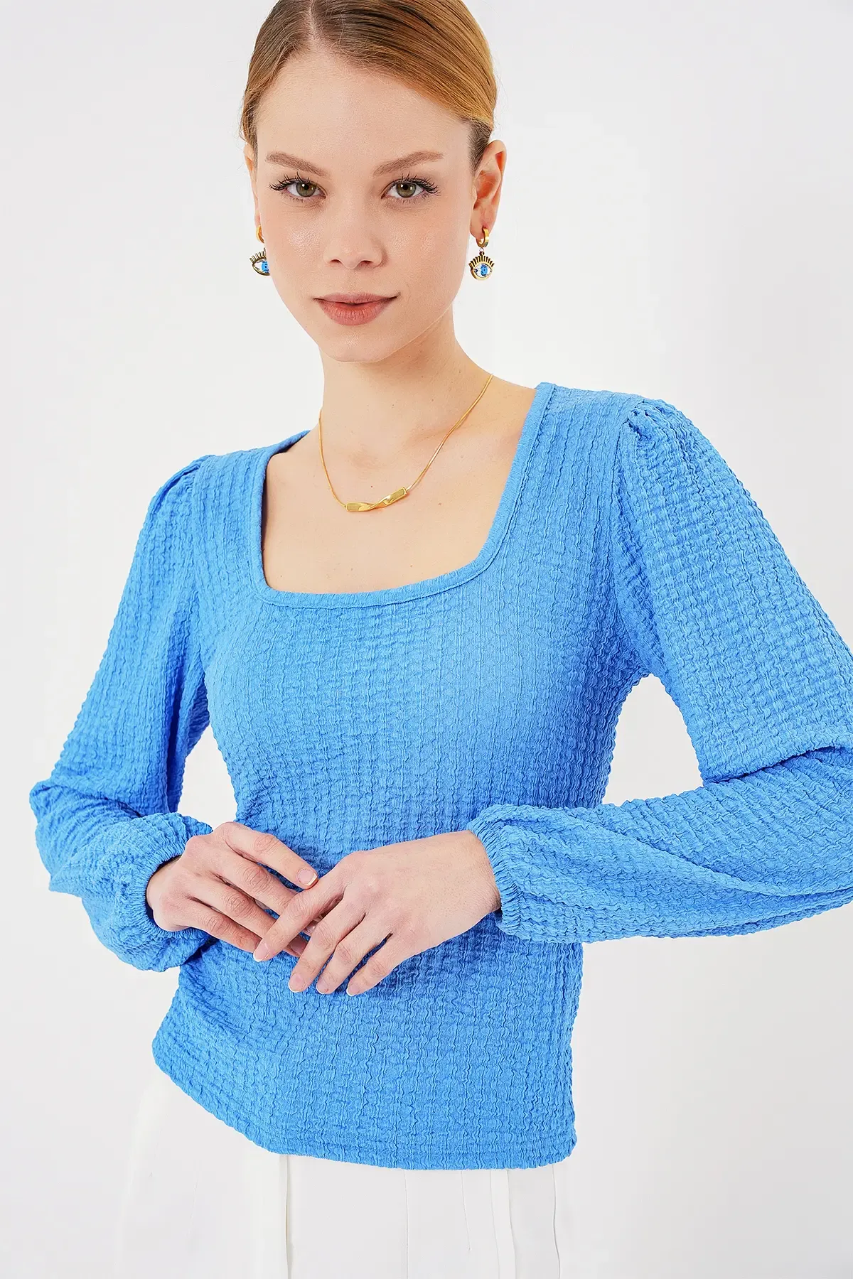 0442 Uzun Kollu Bluz - Saks