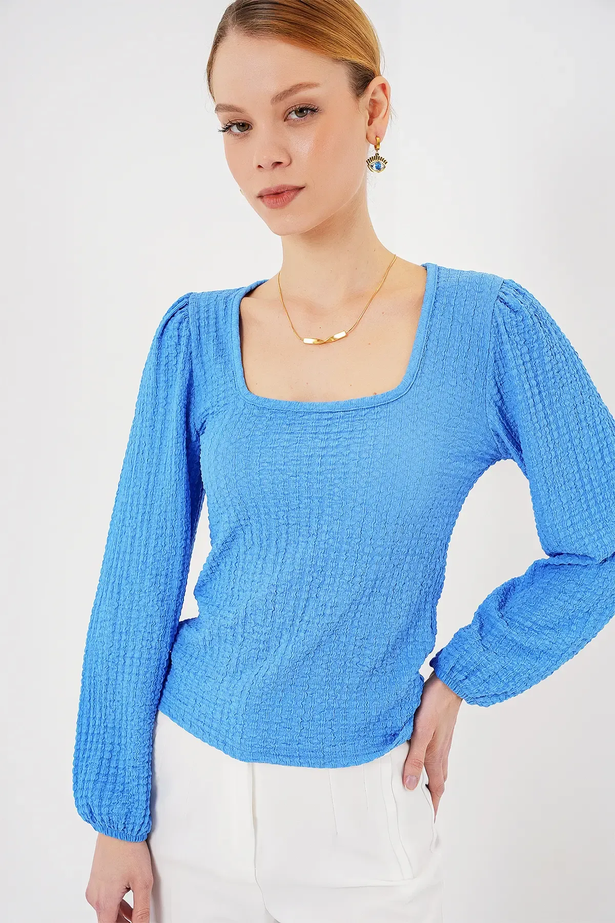 0442 Uzun Kollu Bluz - Saks