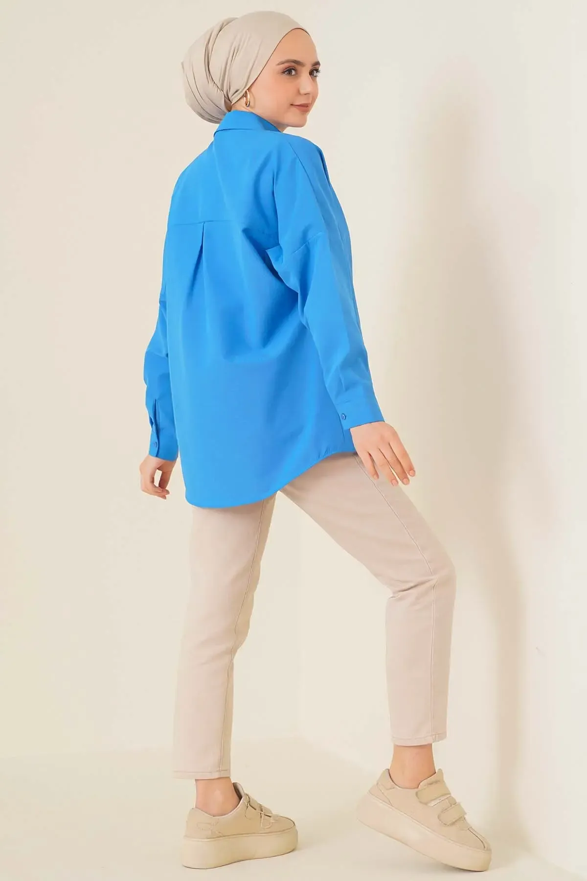 103901 Oversize Basic Tesettür Gömlek - Saks