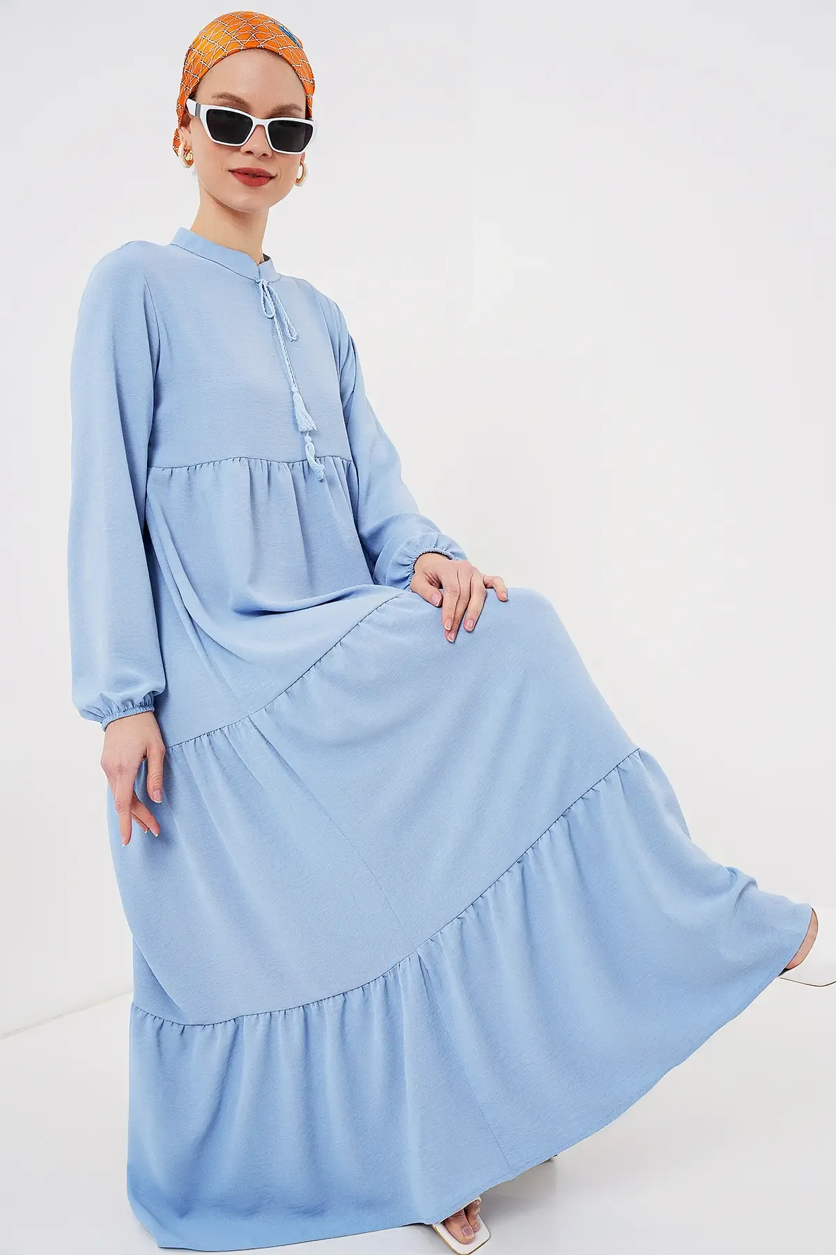 1627 Yaka Bağcıklı Tesettür Elbise - Koyu Mavi