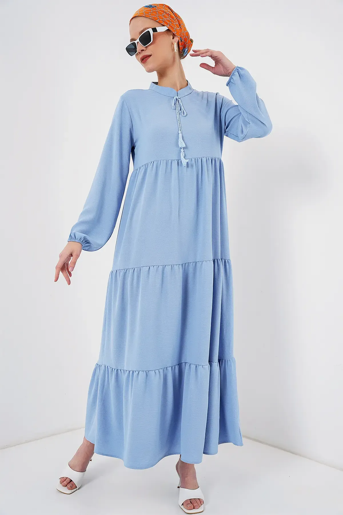 1627 Yaka Bağcıklı Tesettür Elbise - Koyu Mavi