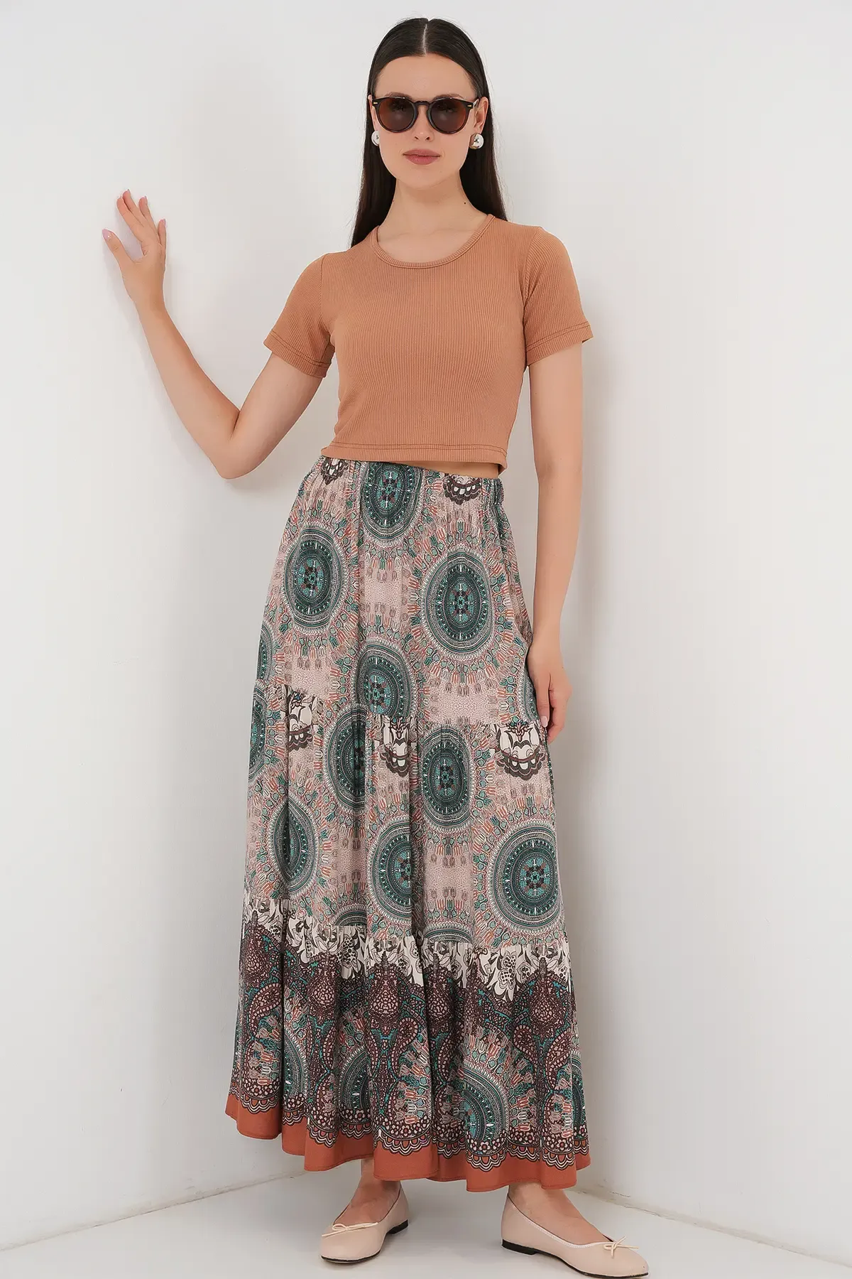 1898 Desenli Uzun Etek - Zümrüt Yeşili