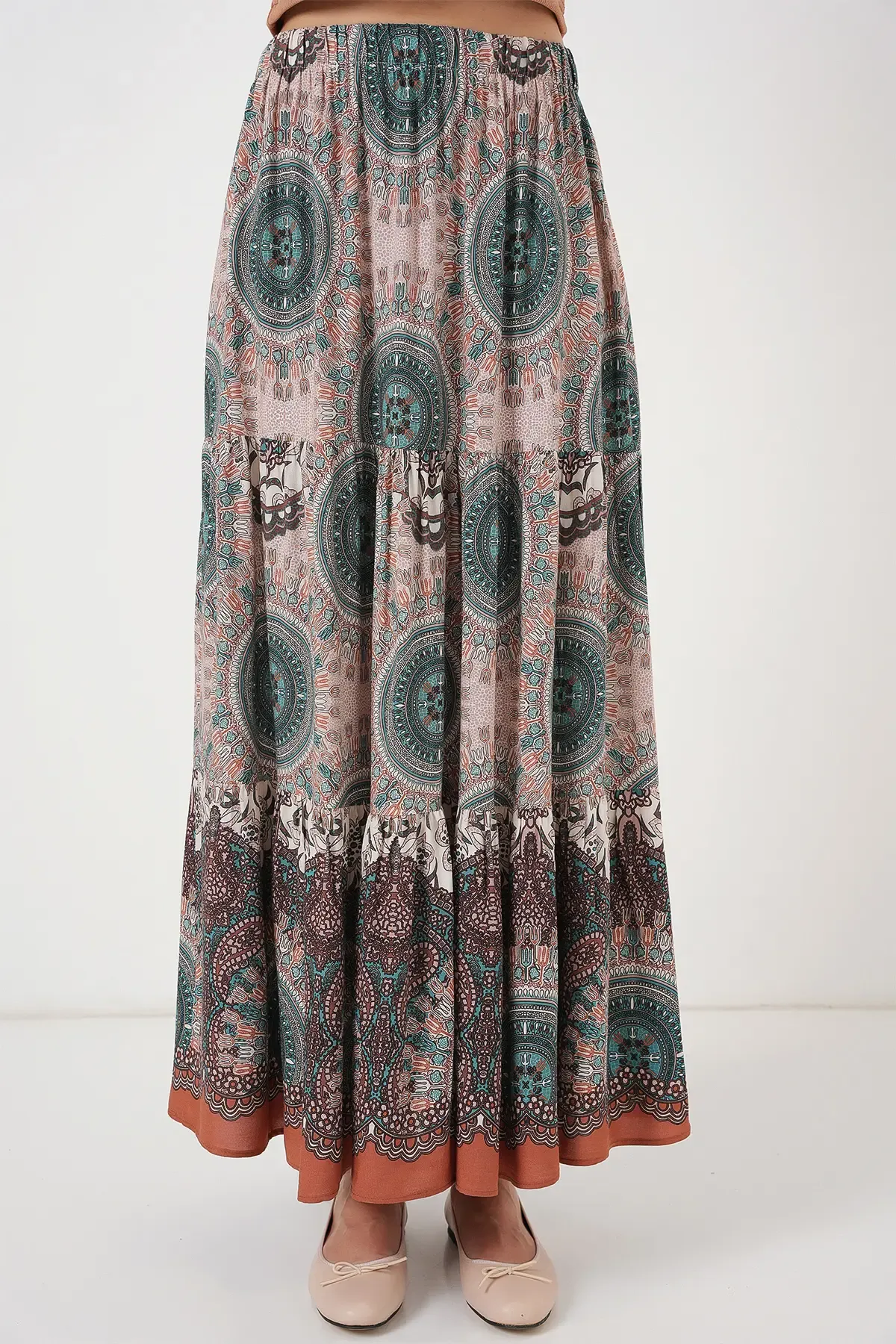 1898 Desenli Uzun Etek - Zümrüt Yeşili