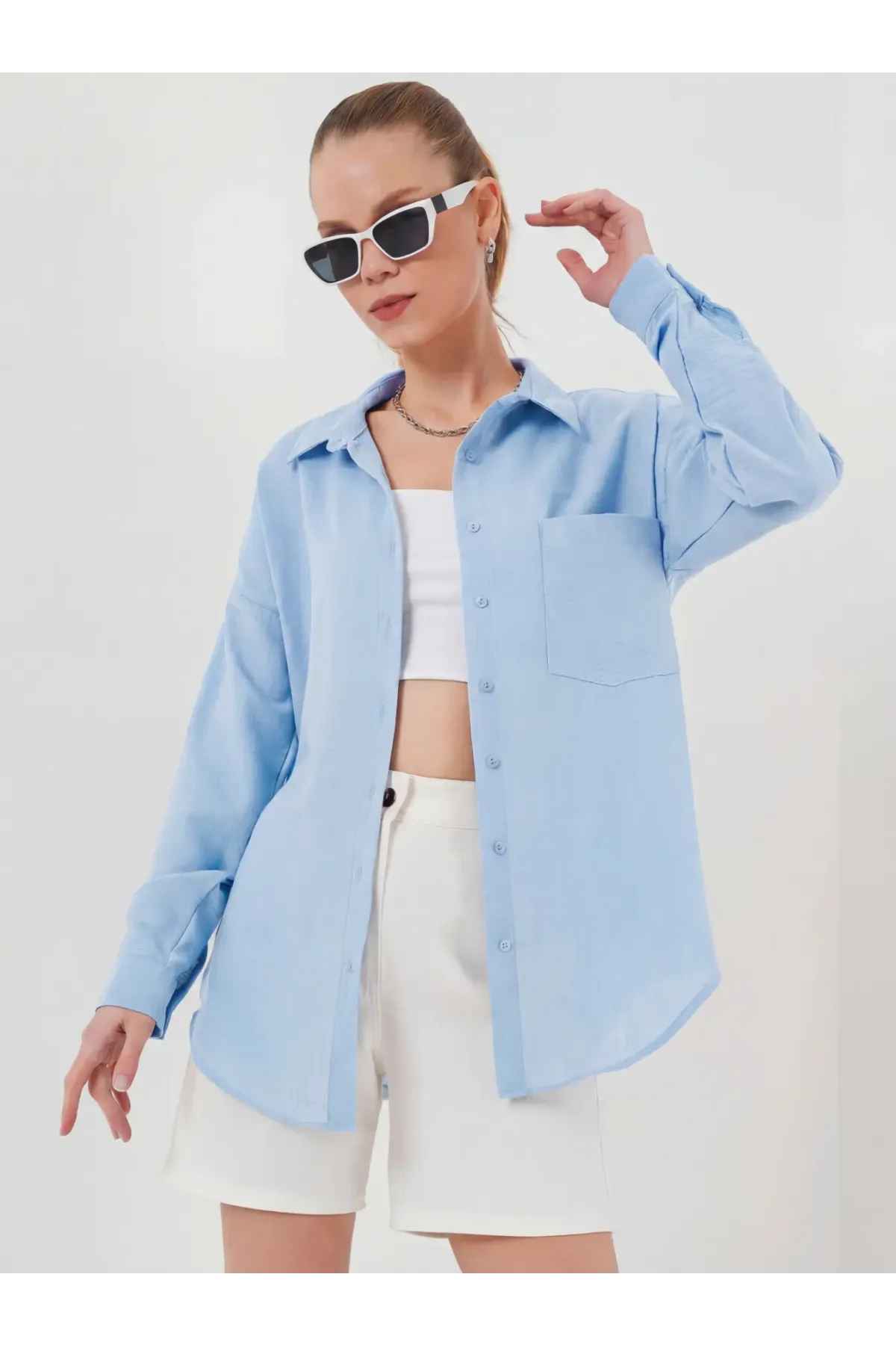 20153 Tek Cepli Oversize Keten Gömlek - Buz Mavi