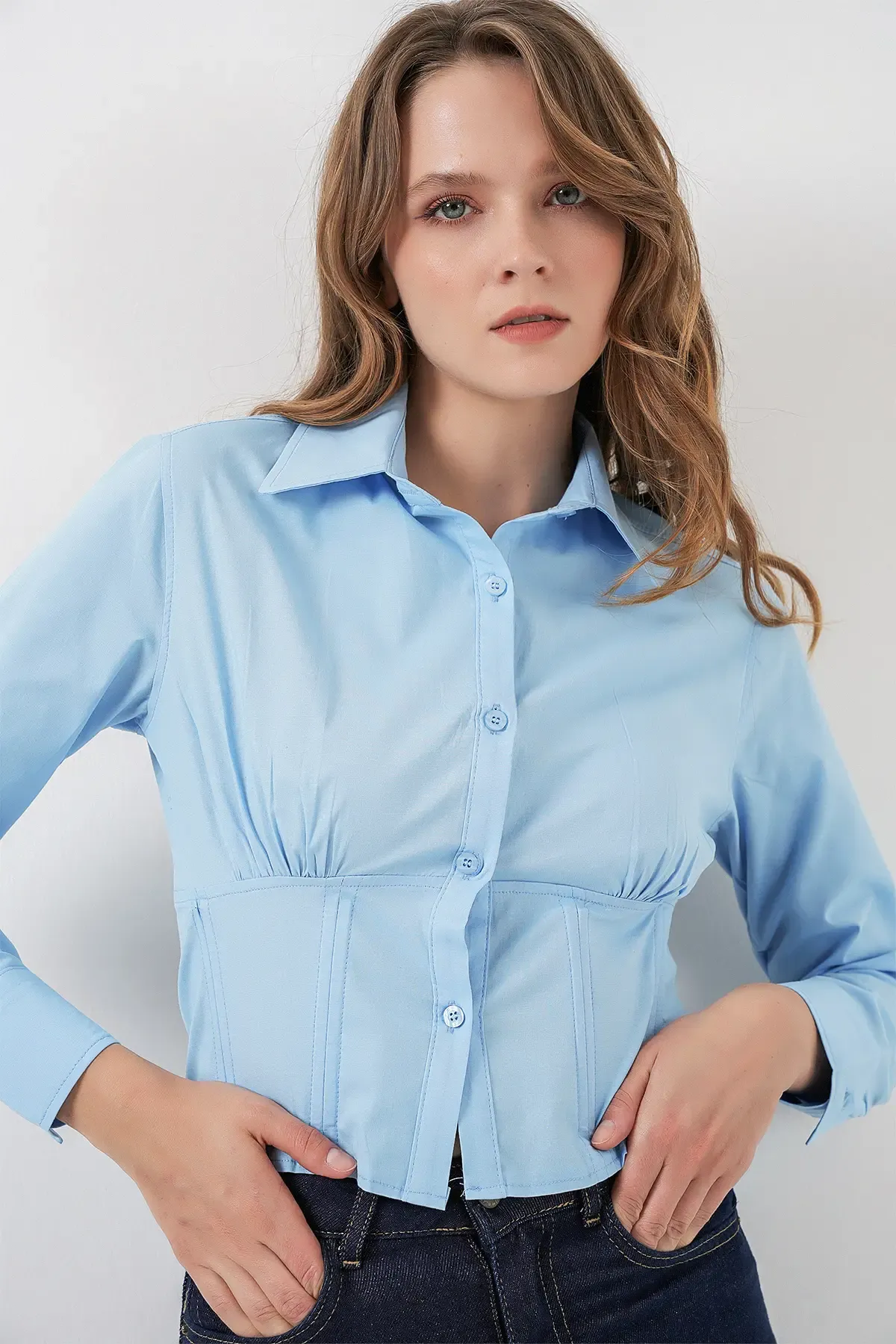 20231 Slim Fit Poplin Gömlek - Mavi