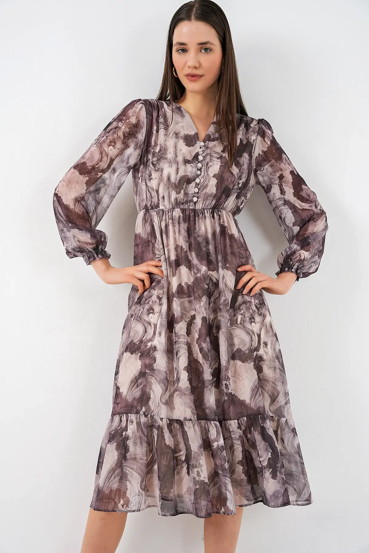 2137 Desenli Şifon Elbise - A.Bej