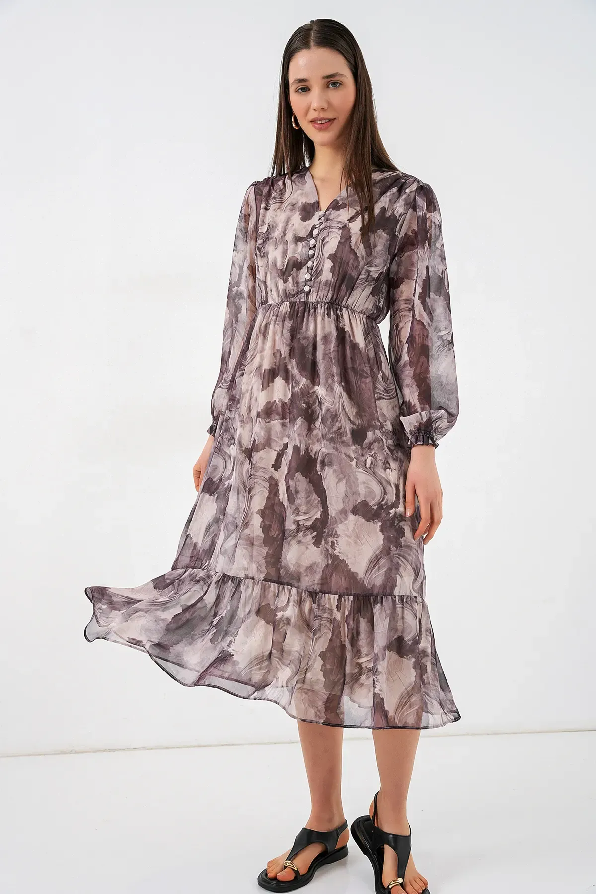 2137 Desenli Şifon Elbise - A.Bej