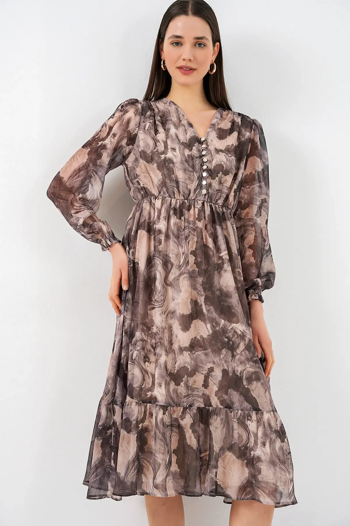 2137 Desenli Şifon Elbise - Y.Bej