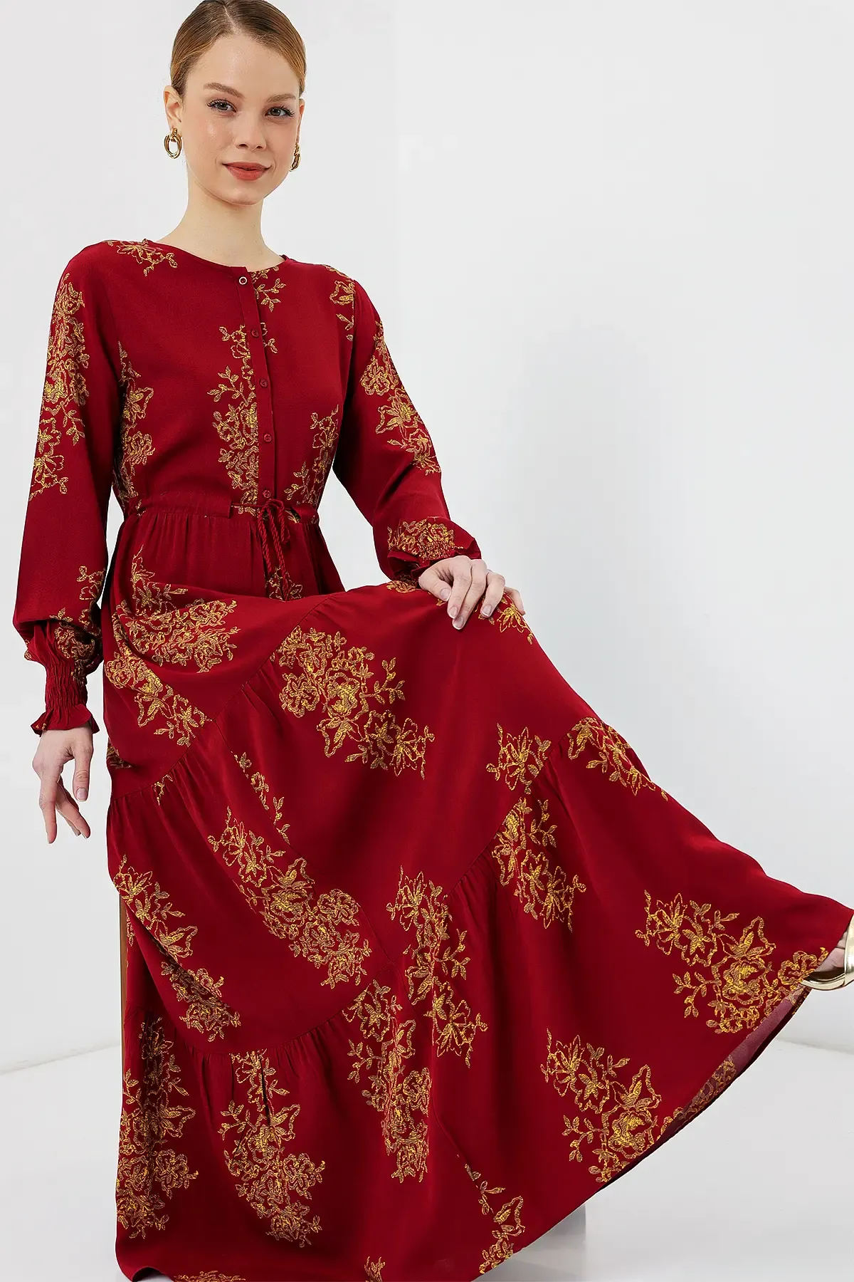 2145 Desenli Tesettür Elbise - B.Kırmızı