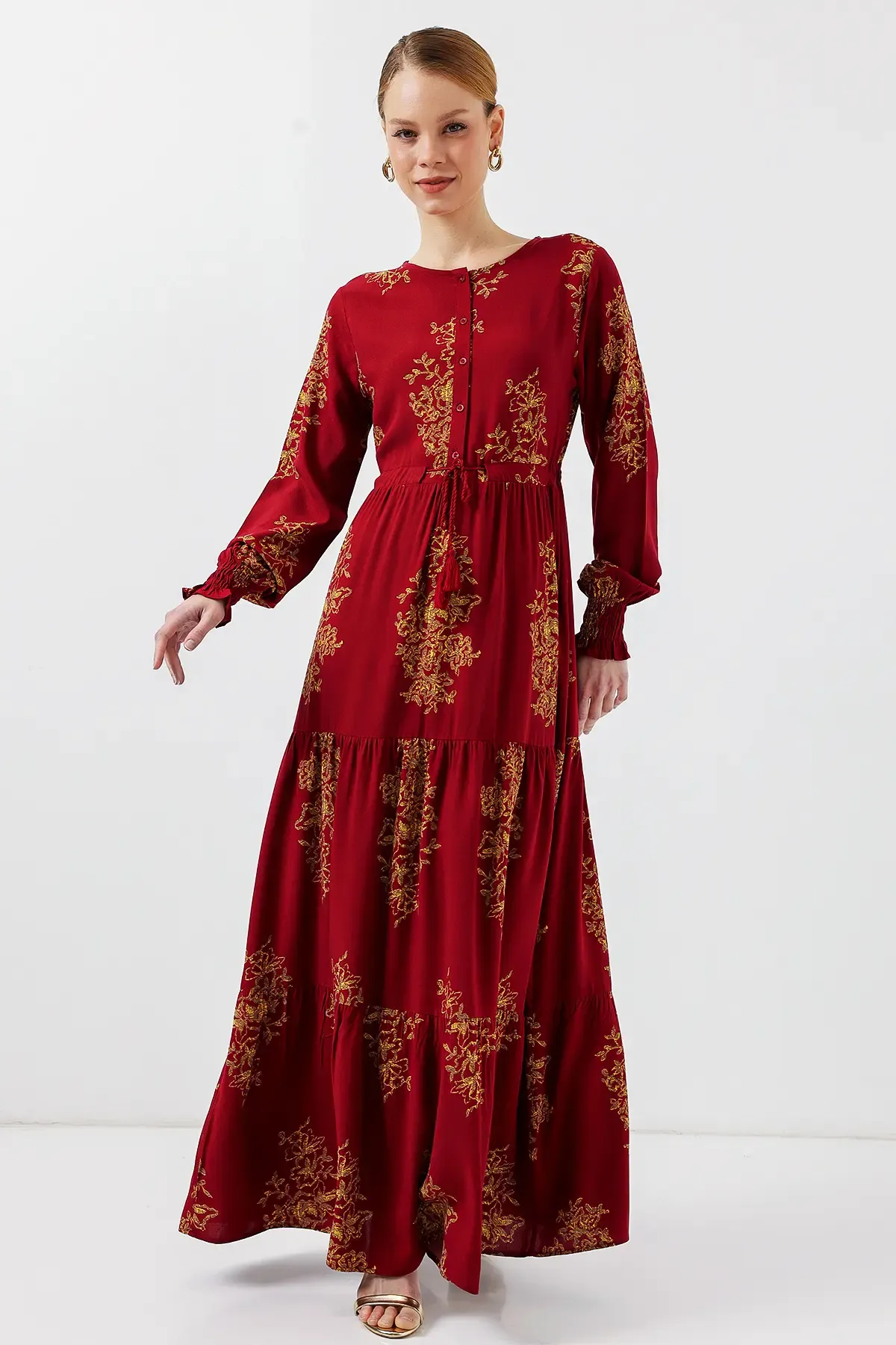 2145 Desenli Tesettür Elbise - B.Kırmızı