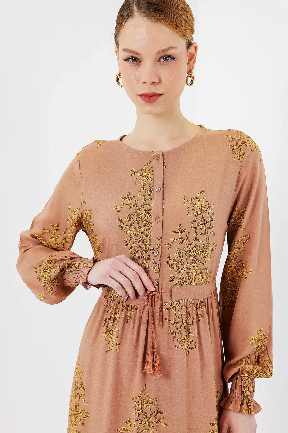 2145 Desenli Tesettür Elbise - Bisküvi