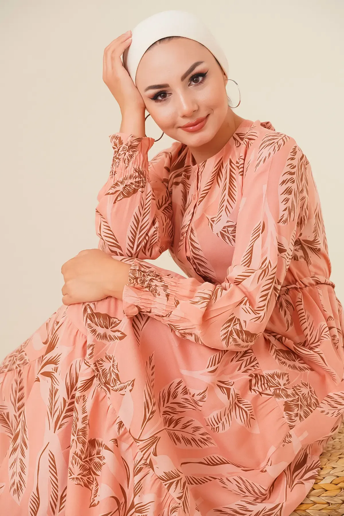 2145 Desenli Tesettür Elbise - Pudra