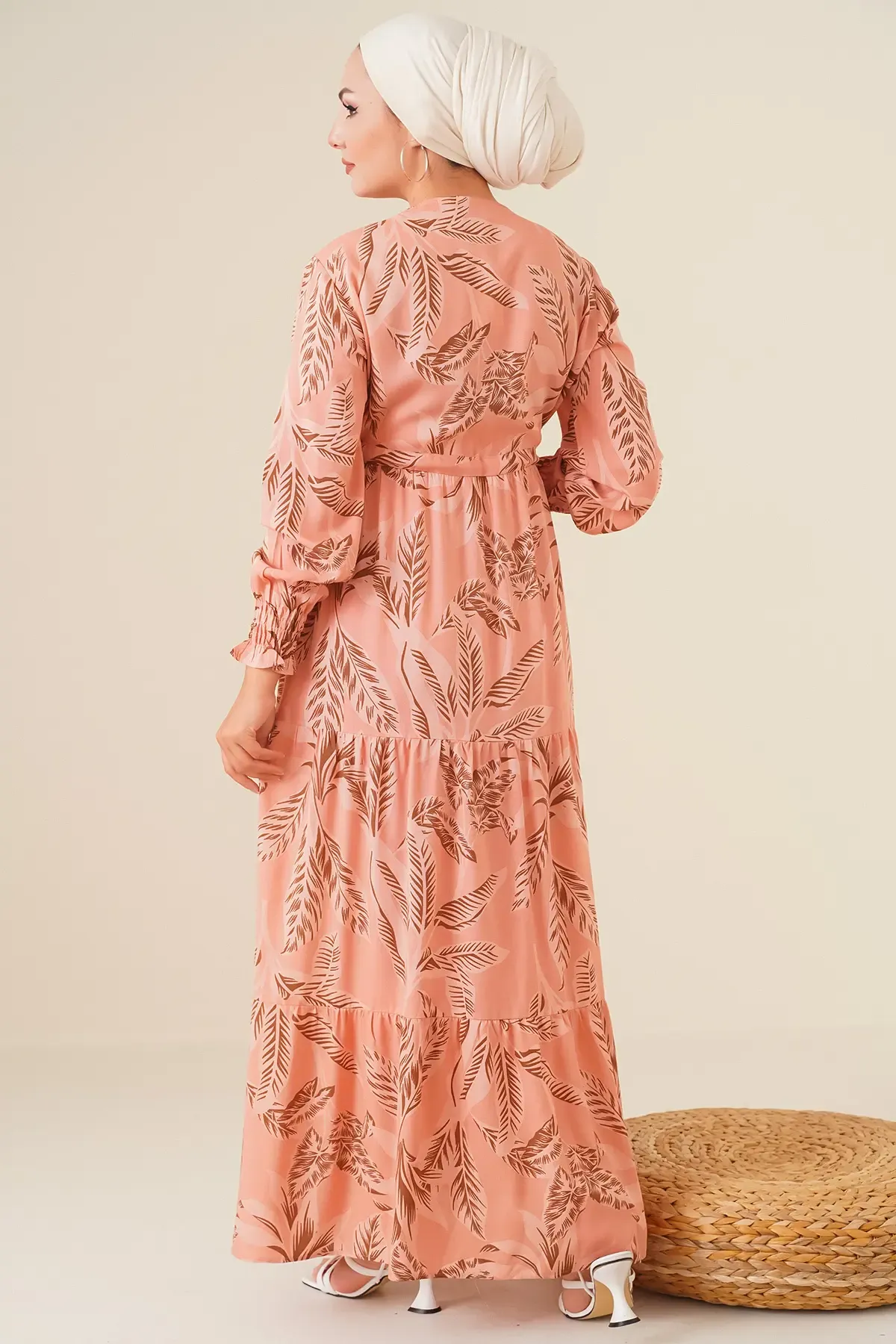 2145 Desenli Tesettür Elbise - Pudra