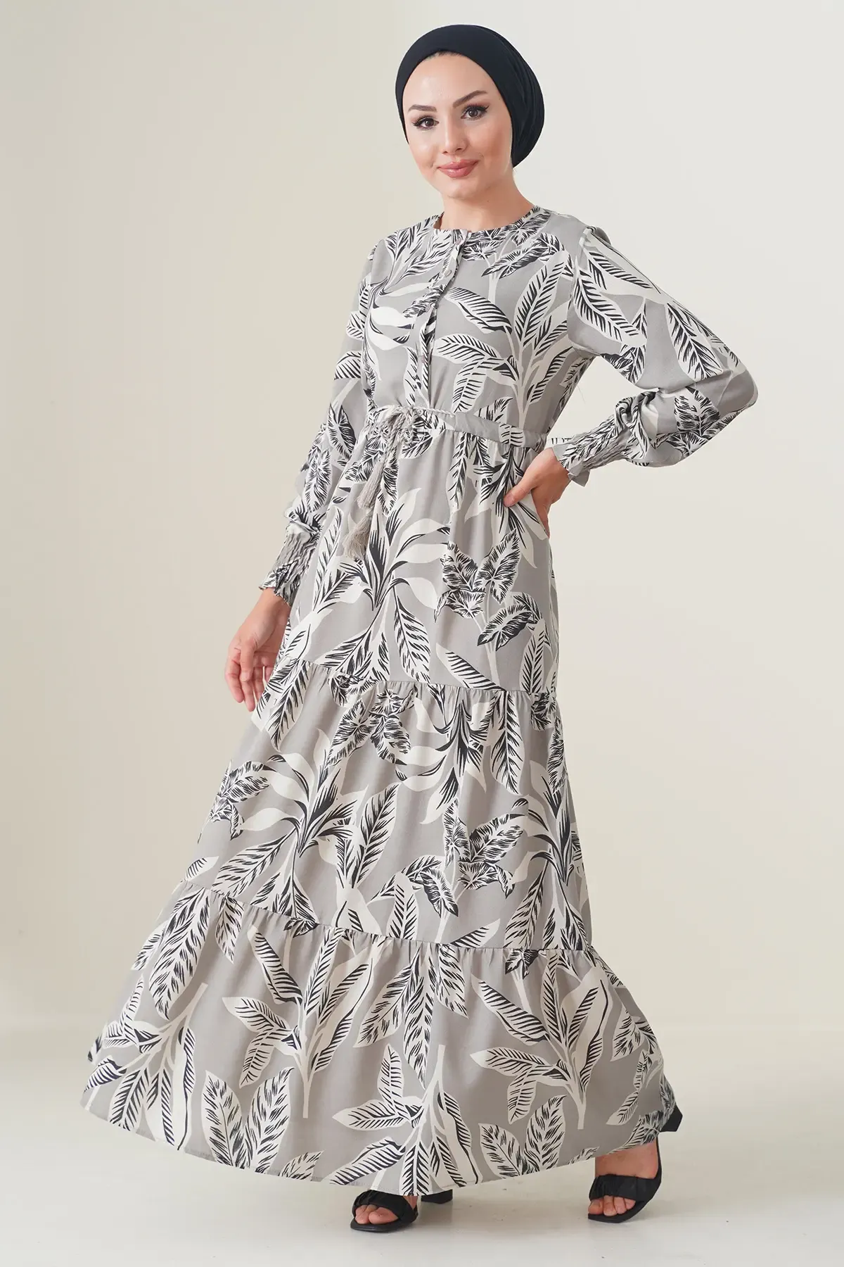 2145 Desenli Tesettür Elbise - Taş