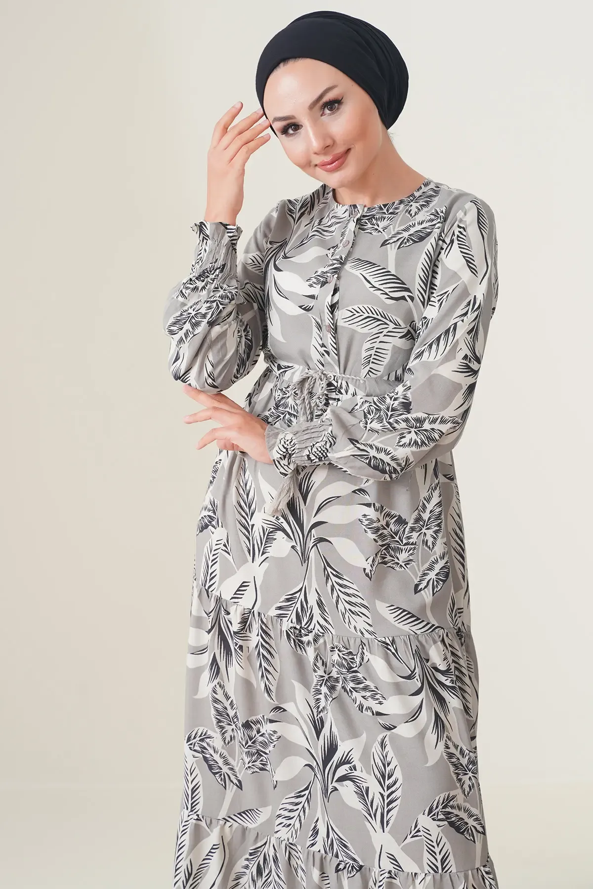 2145 Desenli Tesettür Elbise - Taş