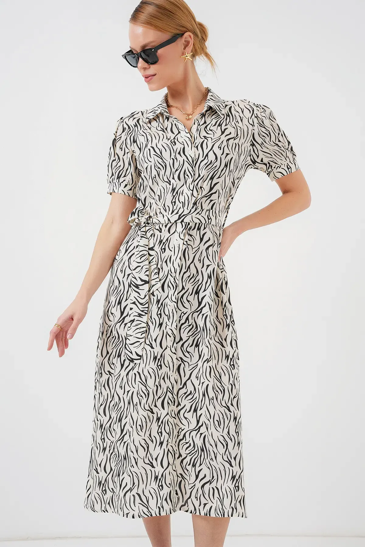 2213 Kısa Kol Viskon Elbise - C.Beyaz