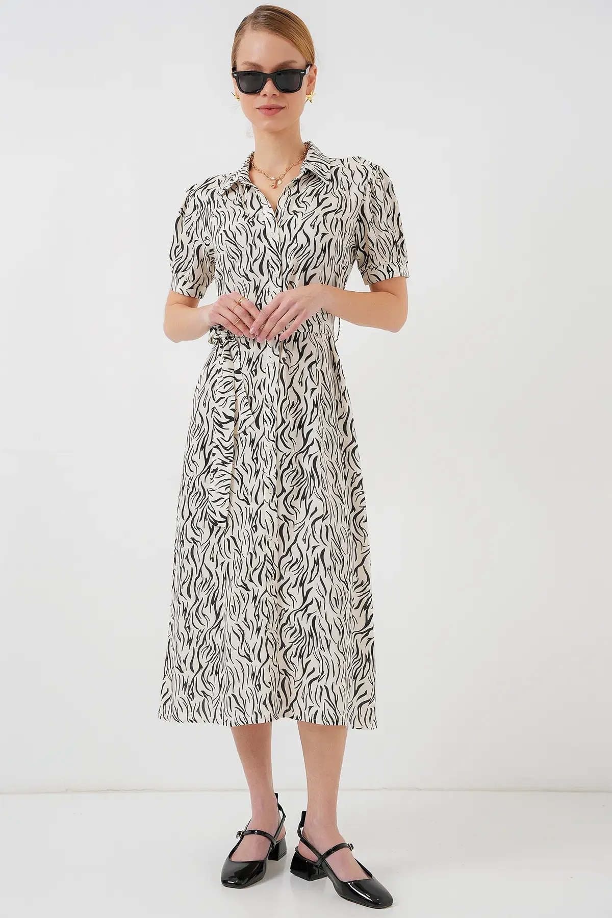 2213 Kısa Kol Viskon Elbise - C.Beyaz