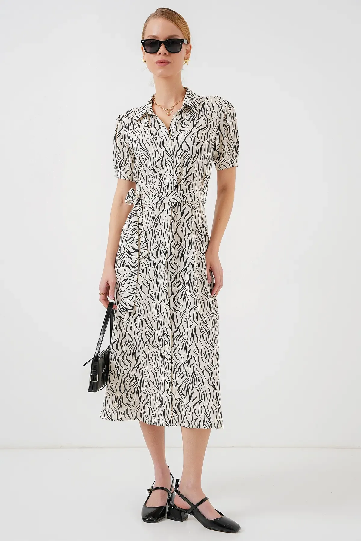 2213 Kısa Kol Viskon Elbise - C.Beyaz