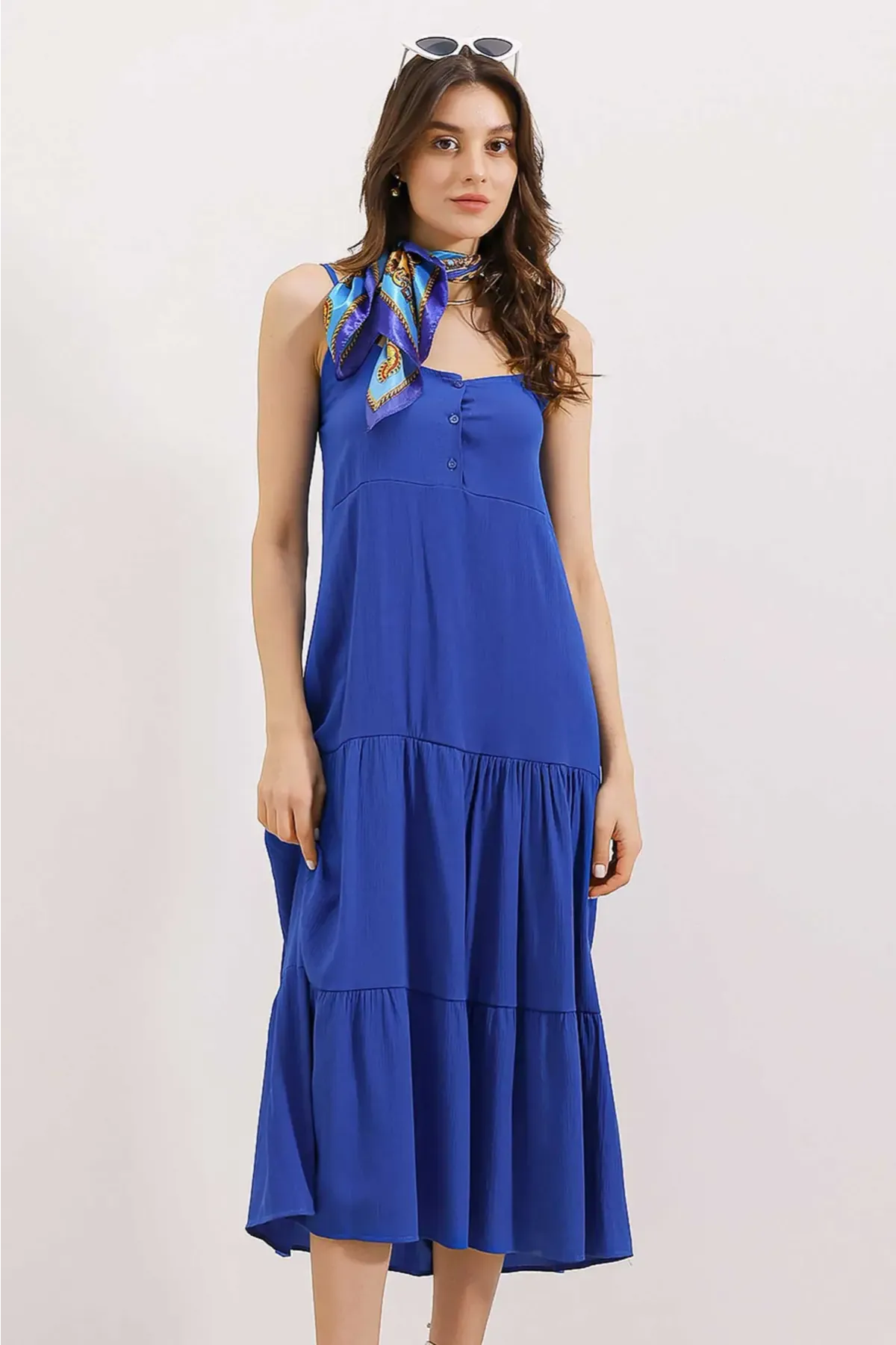 2403 Askılı Midi Elbise - Saks