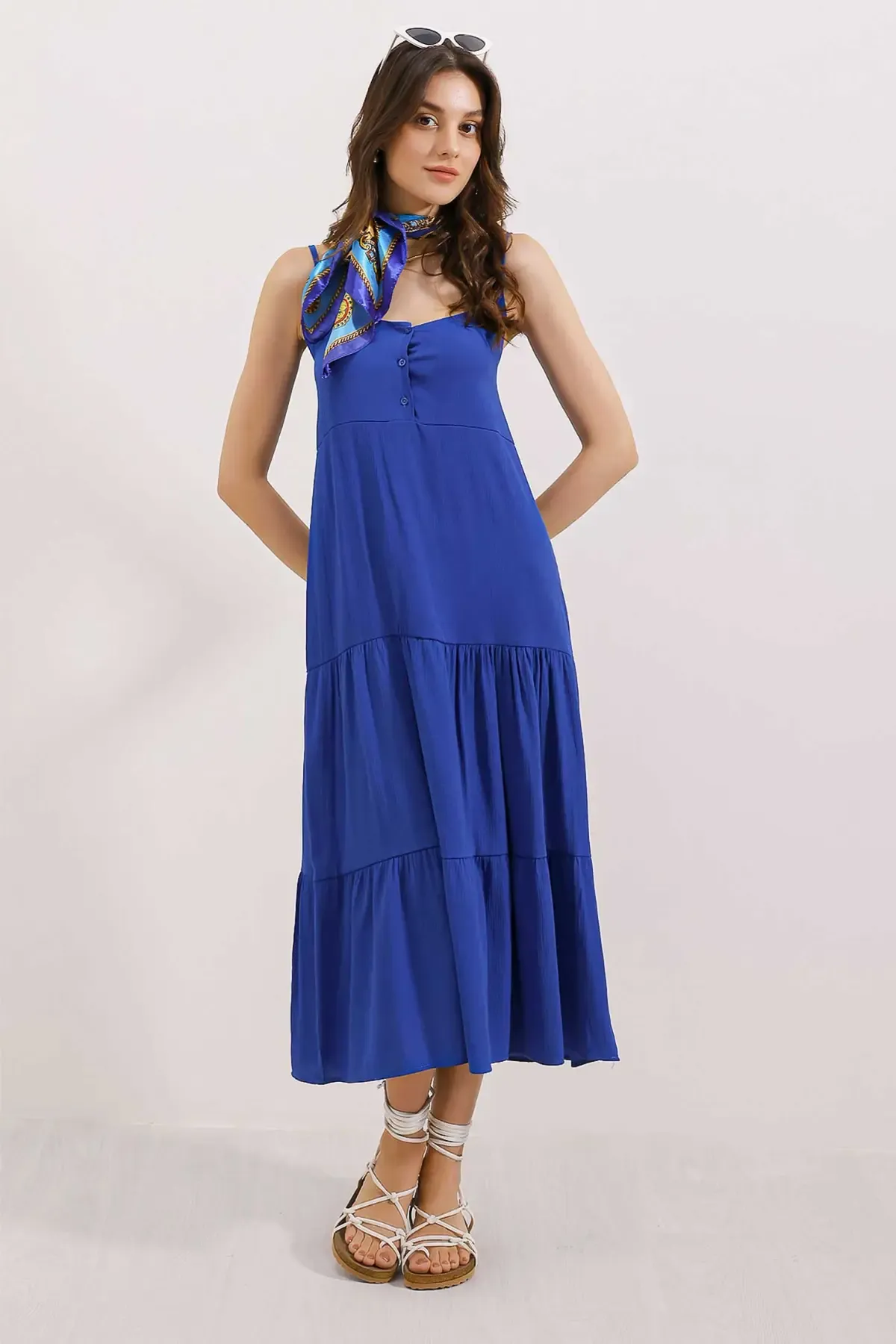 2403 Askılı Midi Elbise - Saks