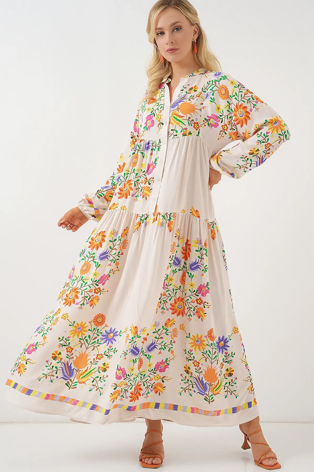 2423 Otantik Desenli Tesettür Elbise - B. Turuncu