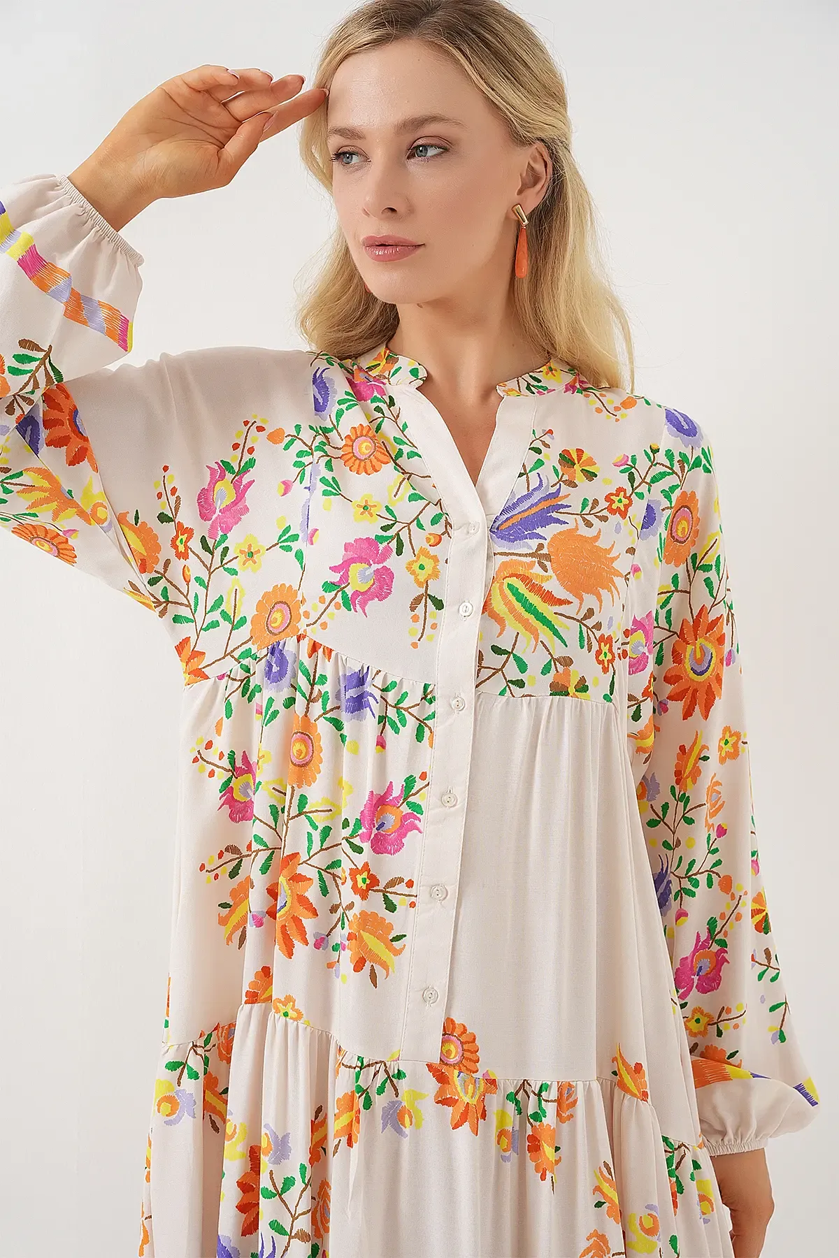 2423 Otantik Desenli Tesettür Elbise - B. Turuncu