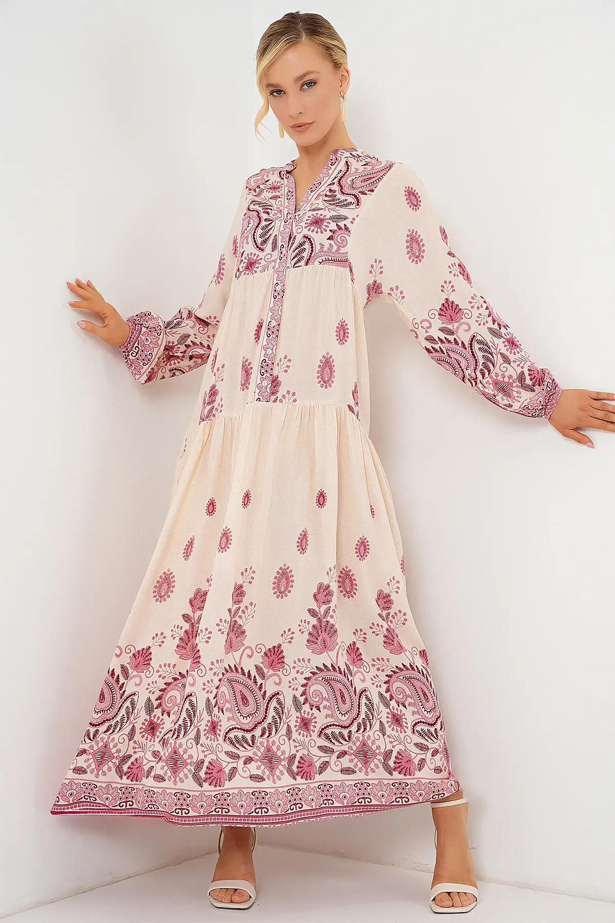 2423 Otantik Desenli Tesettür Elbise - Bordo 1