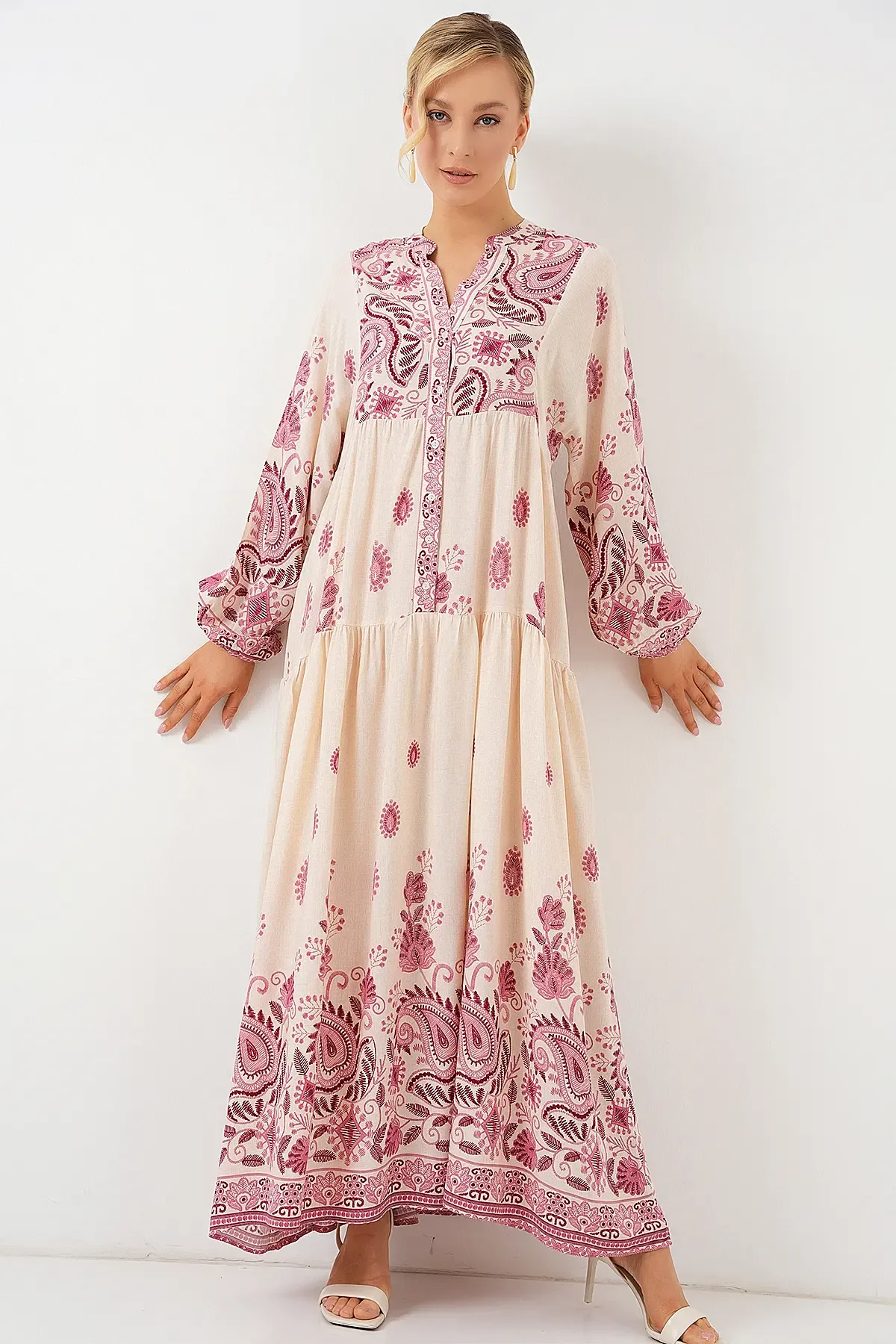 2423 Otantik Desenli Tesettür Elbise - Bordo 1