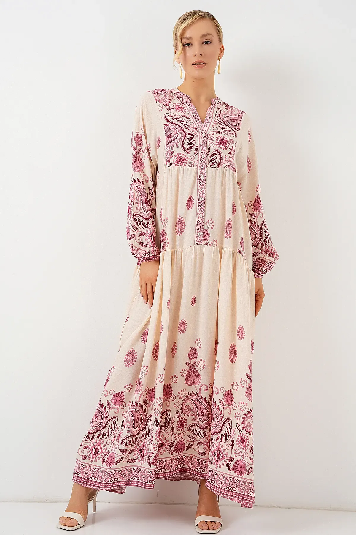 2423 Otantik Desenli Tesettür Elbise - Bordo 1