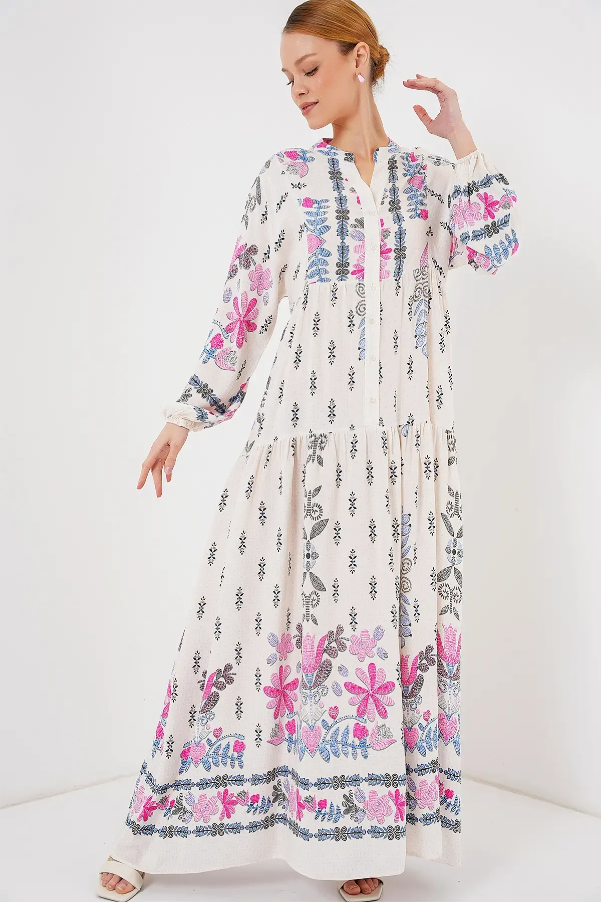 2423 Otantik Desenli Tesettür Elbise - C. Pembe