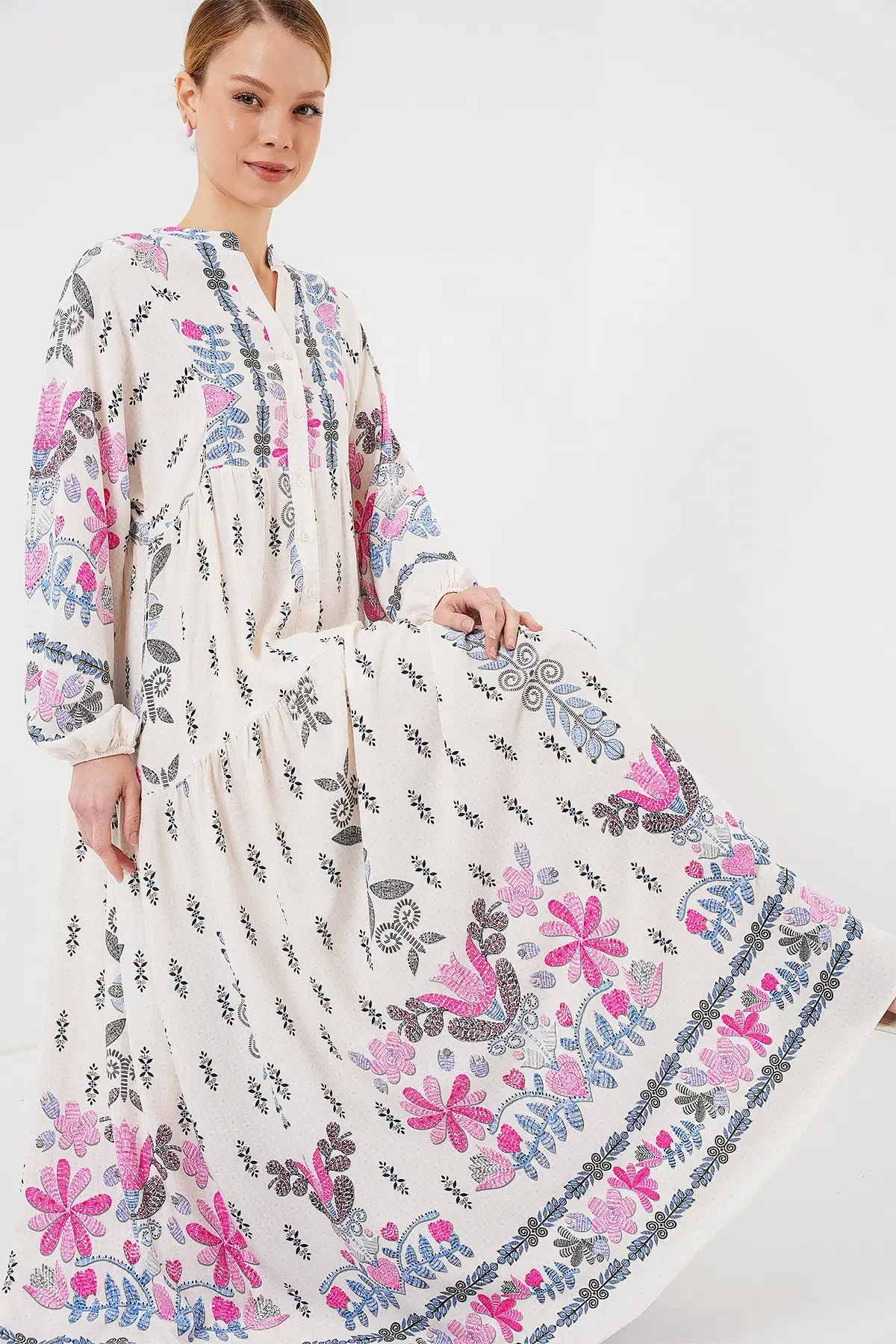 2423 Otantik Desenli Tesettür Elbise - C. Pembe