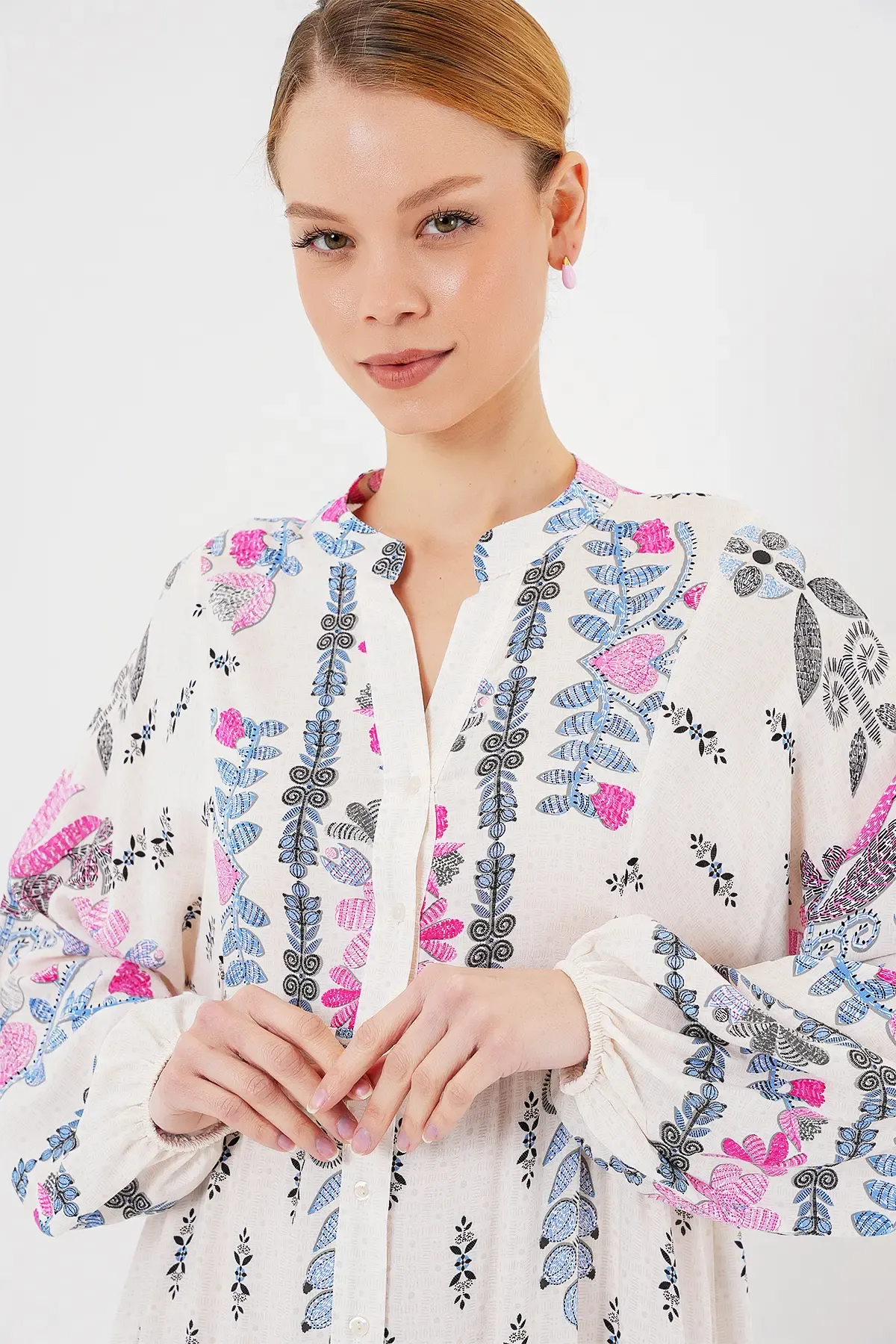 2423 Otantik Desenli Tesettür Elbise - C. Pembe