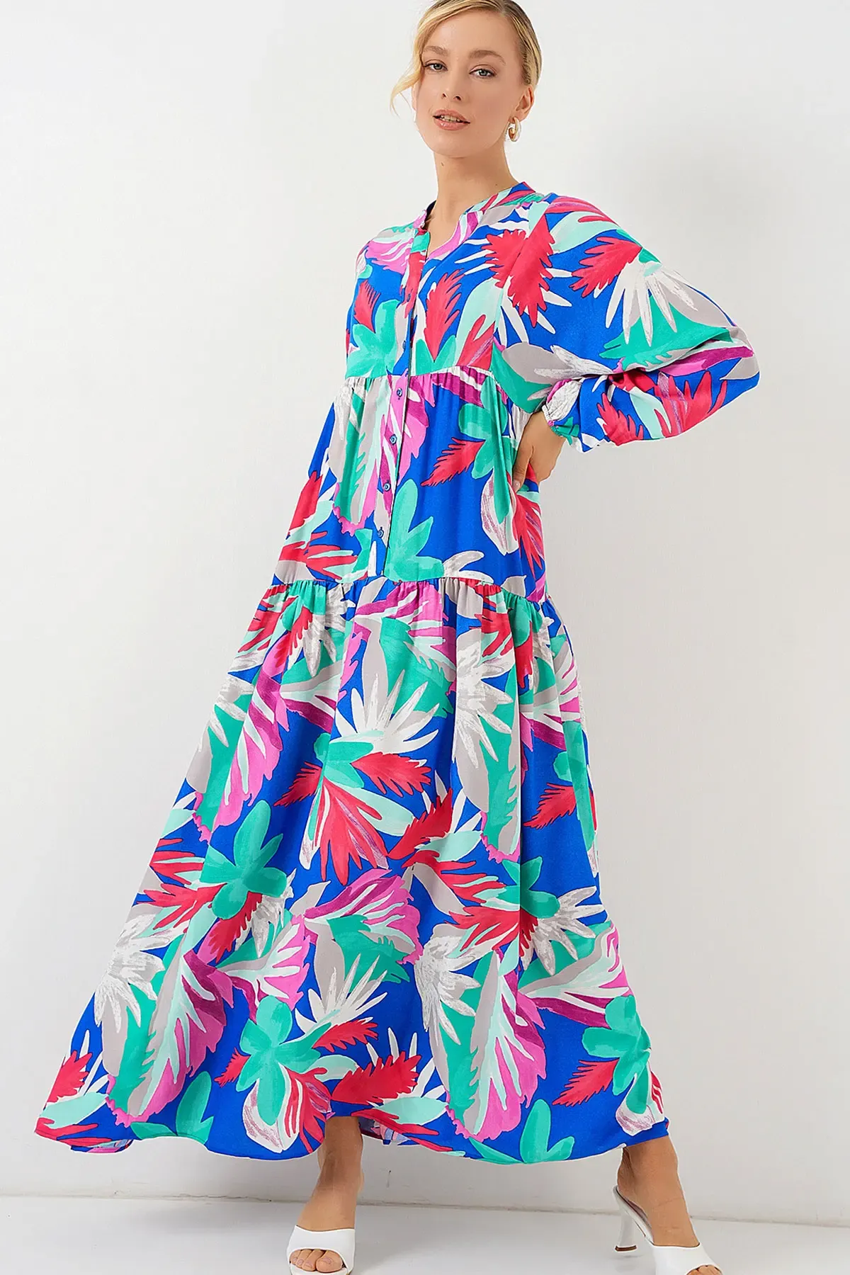 2423 Otantik Desenli Tesettür Elbise - D.Pembe