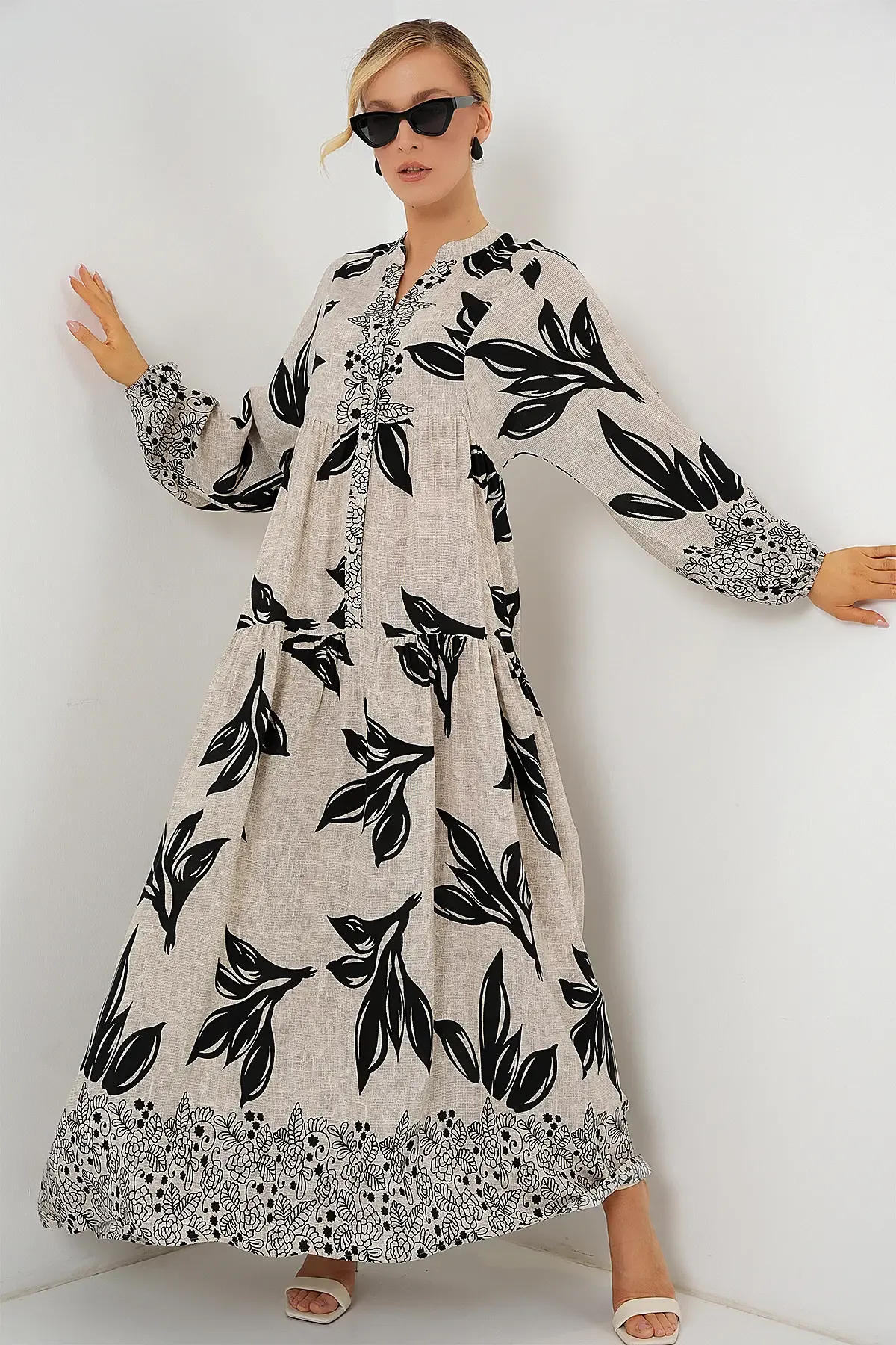 2423 Otantik Desenli Tesettür Elbise - F.Gri