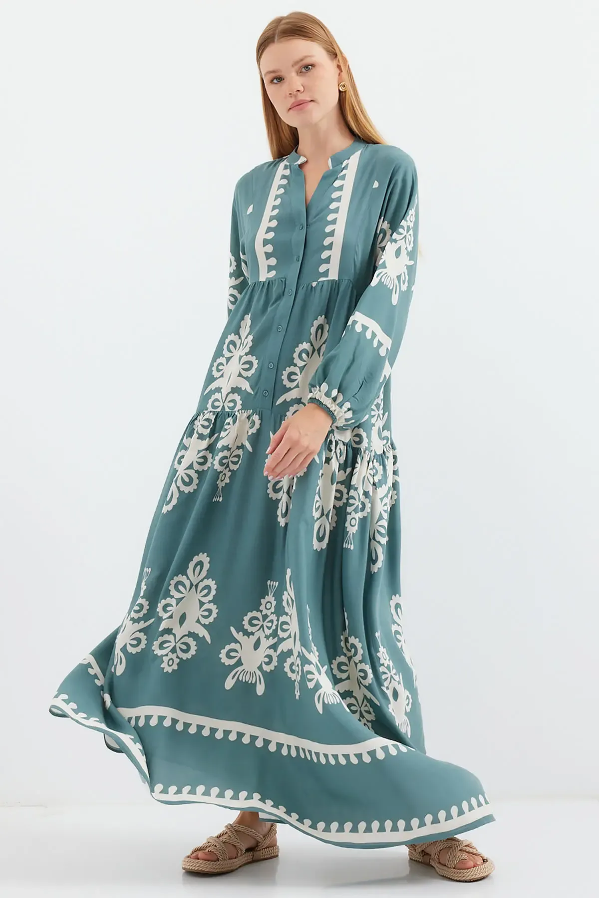 2423 Otantik Desenli Tesettür Elbise - F.Mint