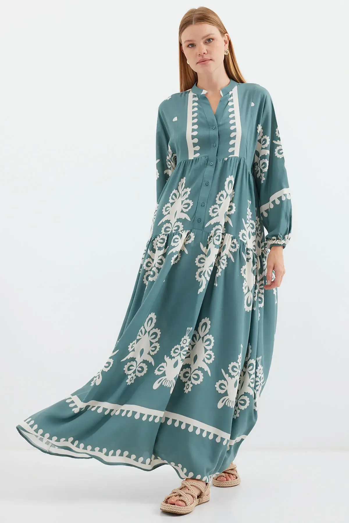 2423 Otantik Desenli Tesettür Elbise - F.Mint