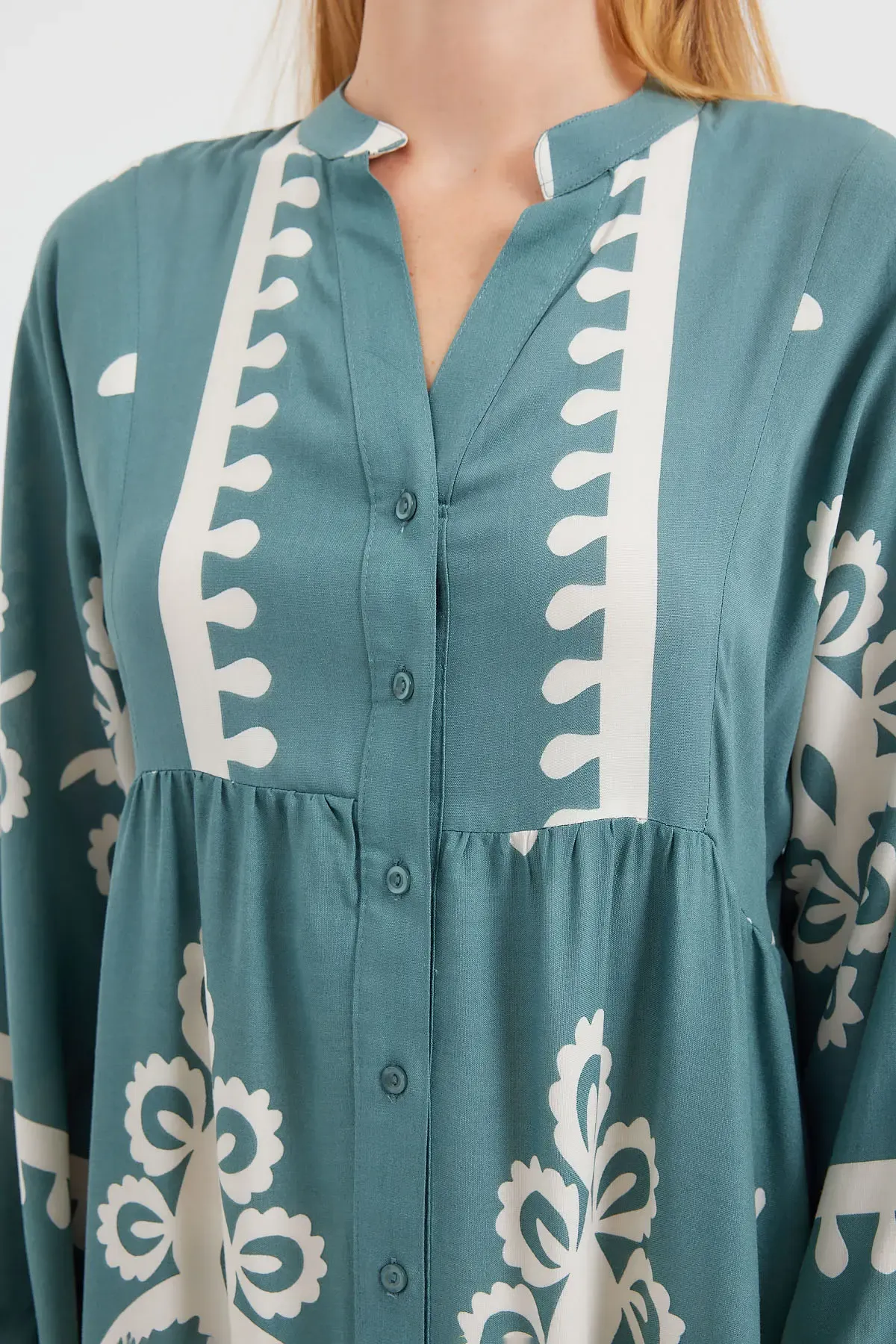 2423 Otantik Desenli Tesettür Elbise - F.Mint