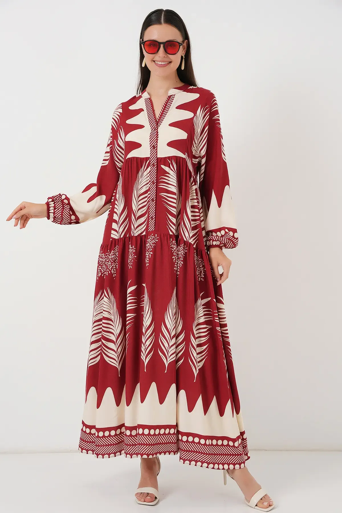 2423 Otantik Desenli Tesettür Elbise - G.Bordo