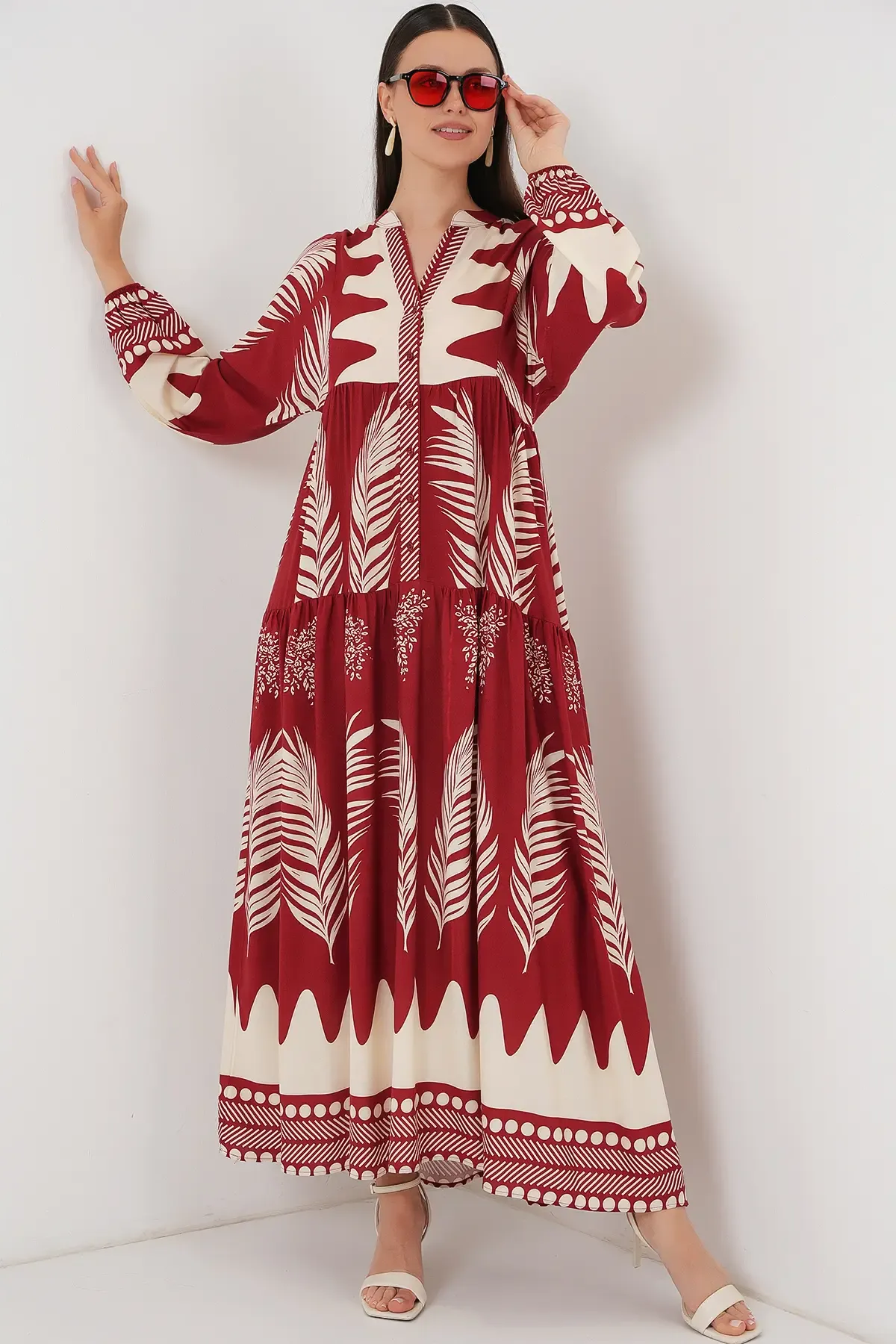 2423 Otantik Desenli Tesettür Elbise - G.Bordo