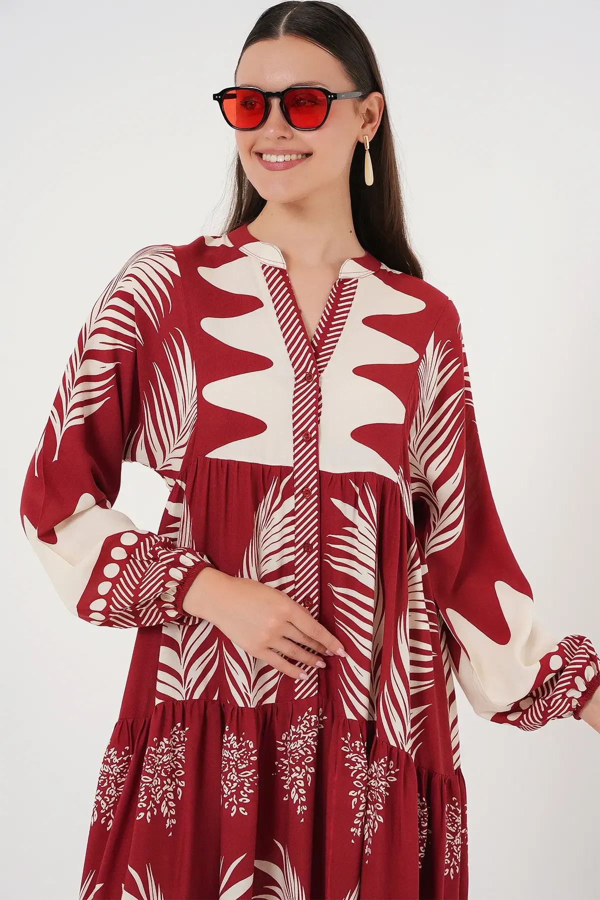 2423 Otantik Desenli Tesettür Elbise - G.Bordo